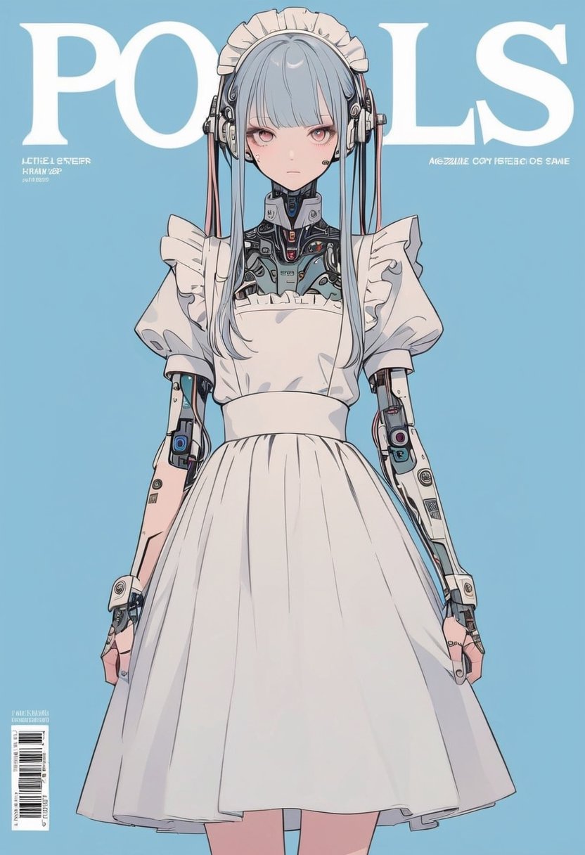 (magazine cover:1.4), simple background, 
1girl, solo, cyborg,  txznmec, ,Maid uniform, ,txznf