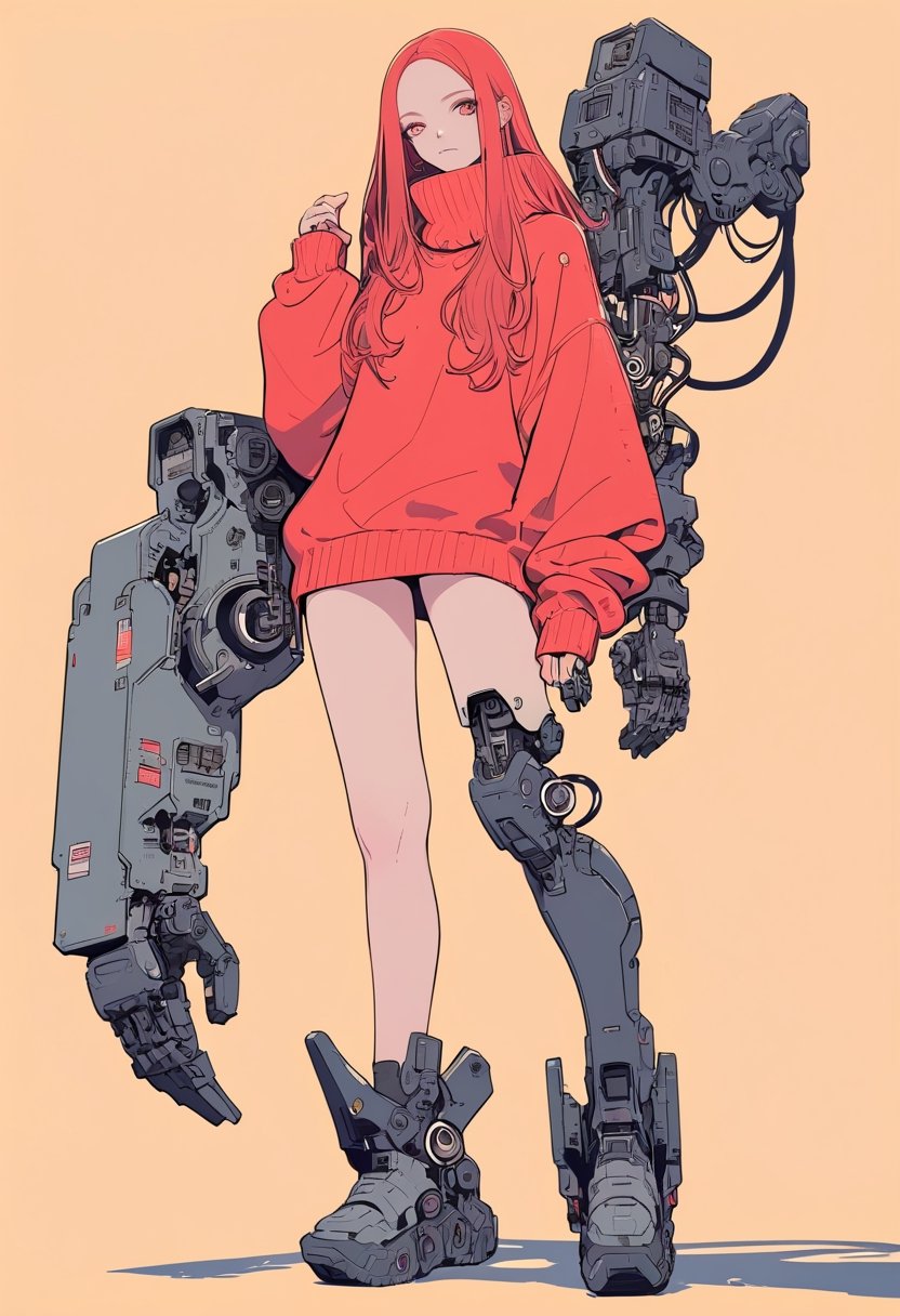 (magazine cover:1.4),
1girl with her hands crossed in front of her chest, , solo, cyber, cybernetic, looking at viewer, (red long hair:1.1), full body, with an incredibly huge mechanical arm behind her. The sturdy black mechanical arm features tank-like armor and a turret-like weapon, 
txznmec, ,virgin destroyer sweater