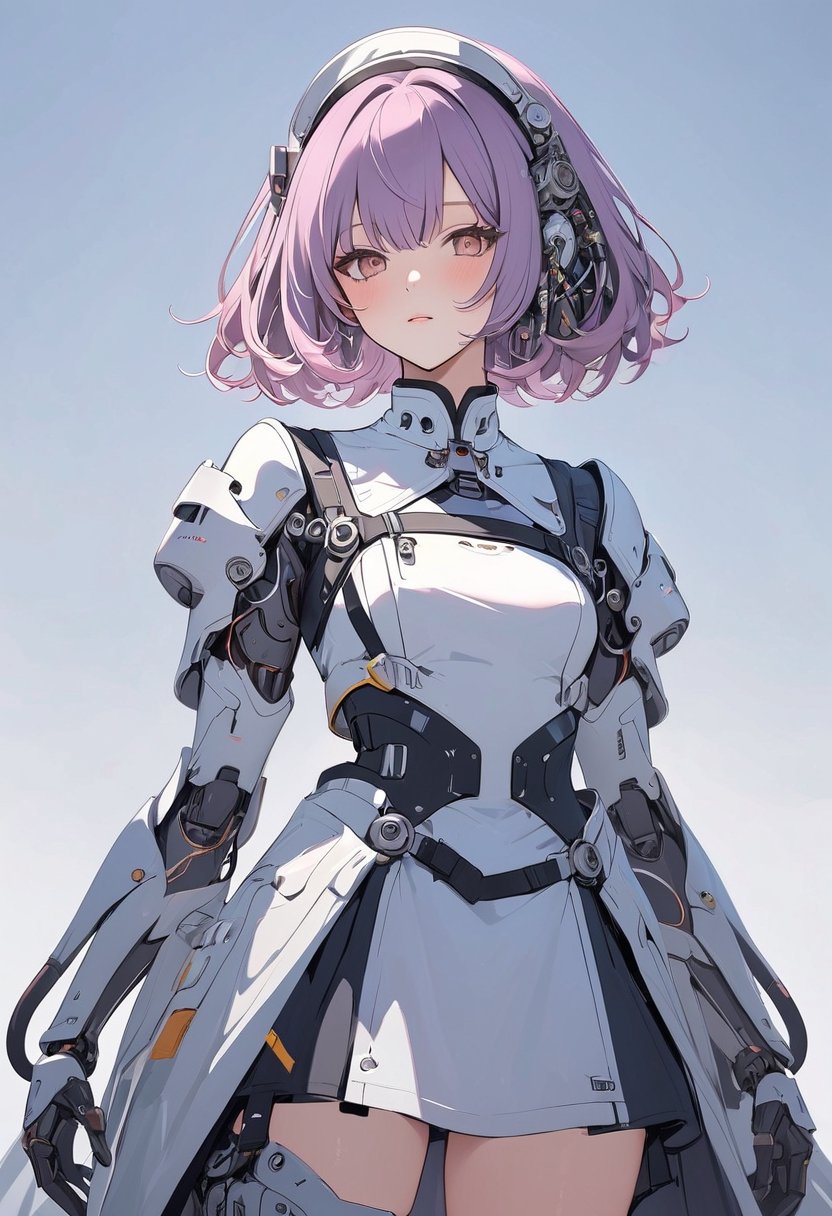 (magazine cover:1.4), simple background, 
1girl, solo, cybernetic, cyborg, (yellow short hair:1.1), txznmec, ,Maid uniform, mechanical arms