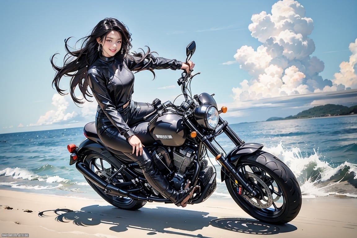 A girl riding a shiny heavy motorcycle, hair flowing in the air, speeding along the coastline, thigh up body, black hairstyle, earings, blush, outline, long hair, smile,  full body, virgin destroyer sweater,   seolhuyn, panoramic,