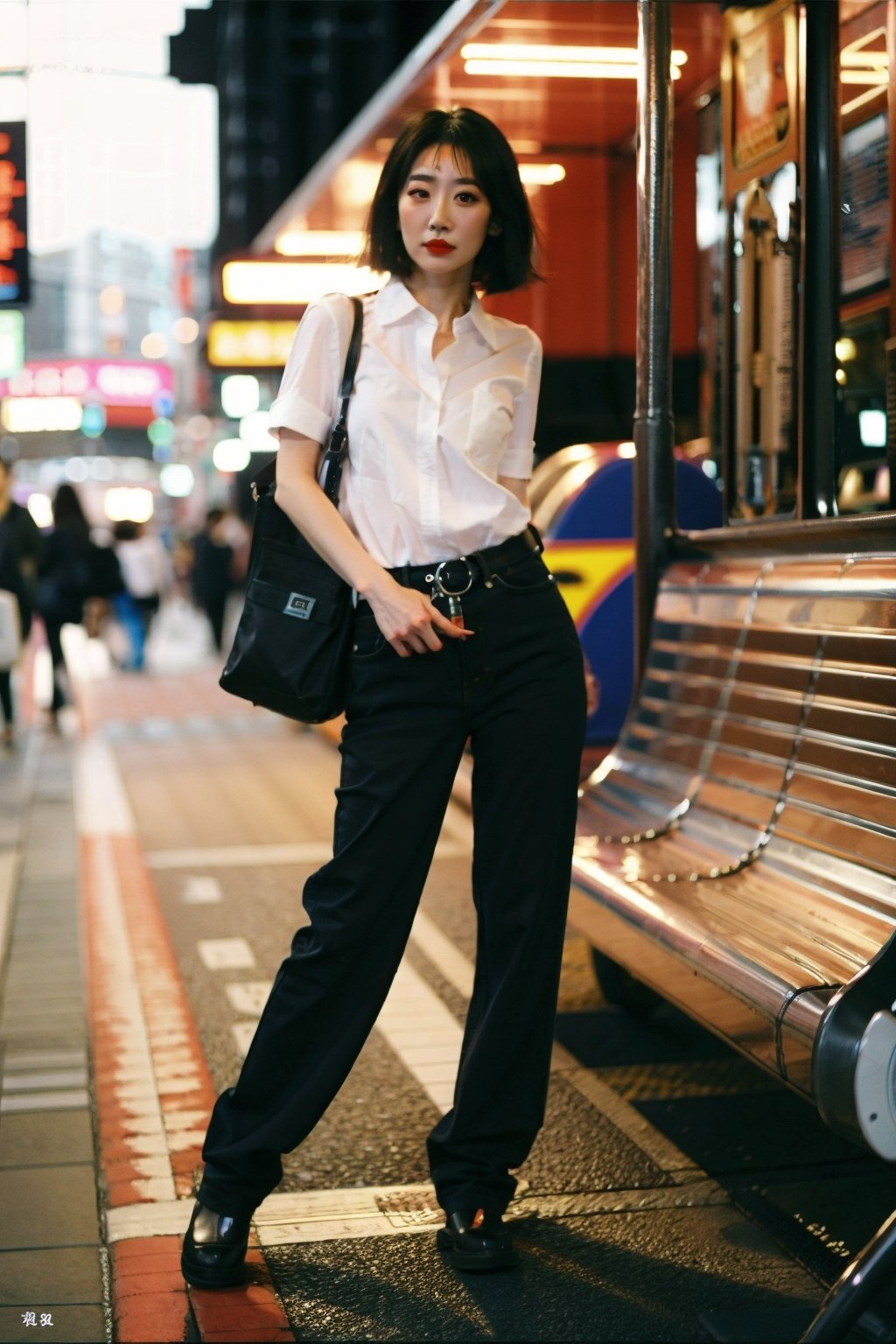 Taiwanese, 1woman, white collared shirt, short hair, black hair, thick hair, good hair, 40 years old, real eyes, perfect eyes, smooth skin, clutch, skinny pant, 
(full body shot:1.5), on the street, waiting for the bus, (Candid Shot:1.5), Detailedface,Realism, ,Makeup