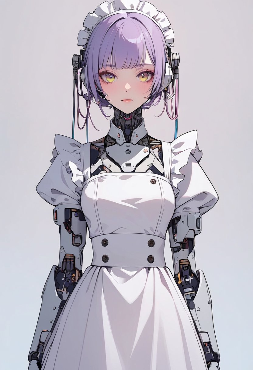 (magazine cover:1.4), simple background, 
1girl, solo, cyborg,  txznmec, ,Maid uniform, 