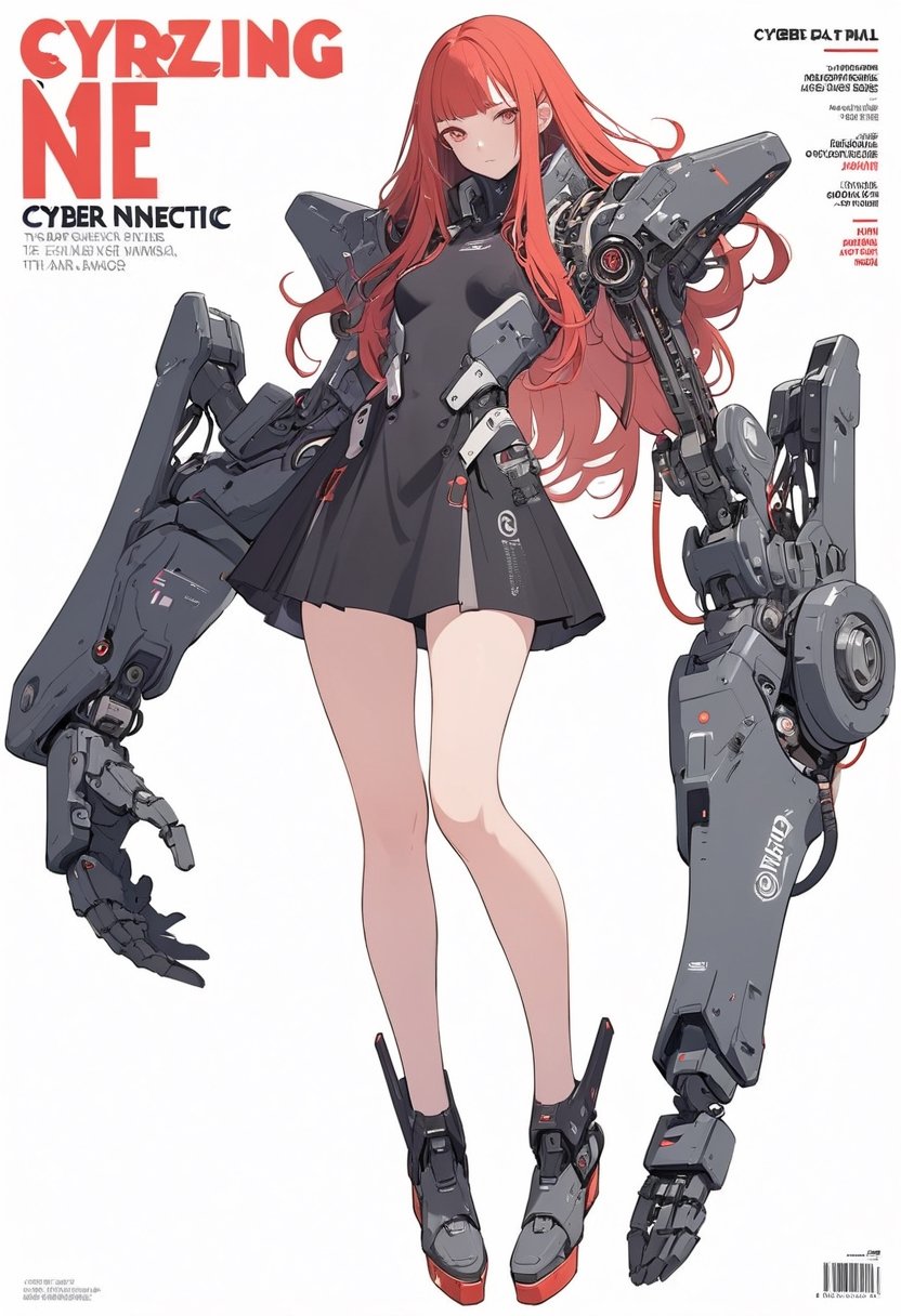 (magazine cover:1.4),
1girl with her hands crossed in front of her chest, , solo, cyber, cybernetic, looking at viewer, (red long hair:1.1), full body, with an incredibly huge mechanical arm behind her. The sturdy black mechanical arm features tank-like armor and a turret-like weapon, 
txznmec, 