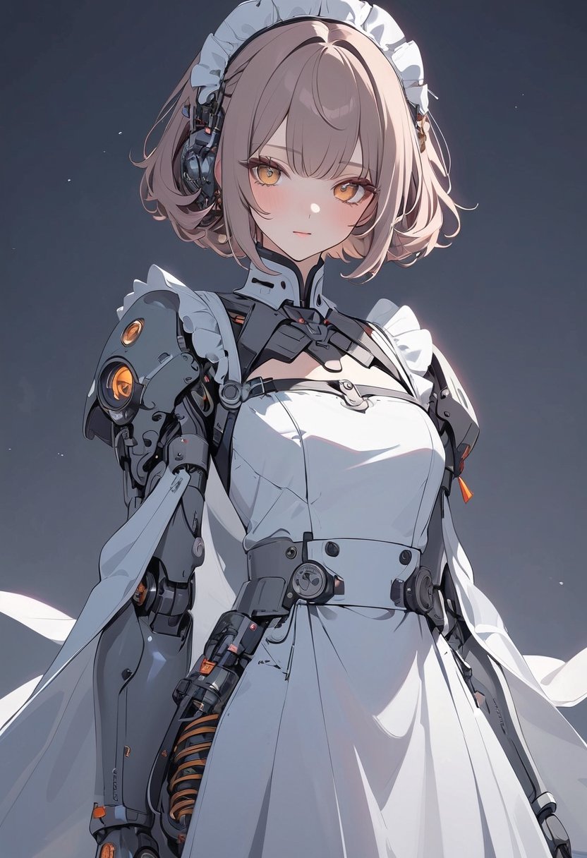 (magazine cover:1.4), simple background, 
1girl, solo, cybernetic, cyborg, (yellow short hair:1.1), txznmec, ,Maid uniform, mechanical arms