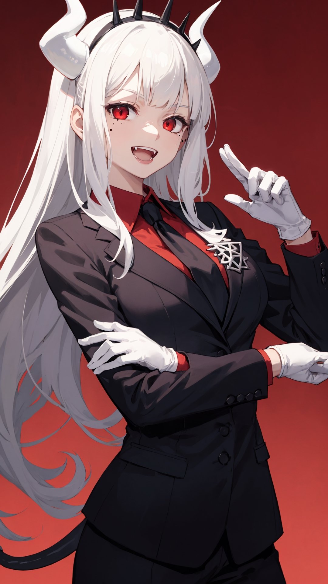 lucifer(helltaker), black jacket, fangs, shirt, mole under eye, large breasts, white gloves, demon horns, black necktie, looking at viewer, formal, upper body, demon girl, red eyes, smile, red background, 1girl, white hair, open mouth, tail, collared shirt, mole, necktie, solo, suit, white horns, horns, demon tail, long sleeves, jacket, red shirt, gloves, long hair, perfect hands, perfect fingers 