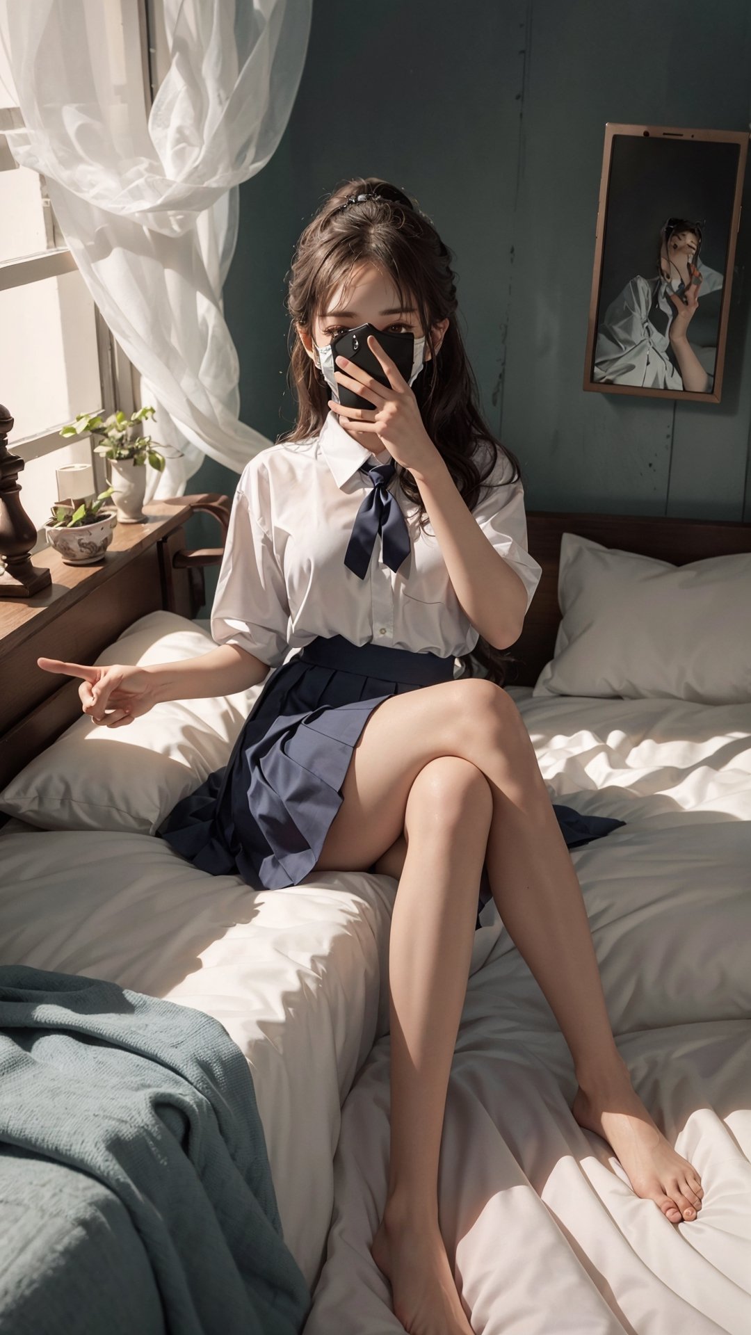 photorealistic, masterpiece, best quality, raw photo, 1girl, solo, detailed background, fine detailed, intricate detail, ray tracing, depth of field, low key, hdr, best illustrative, extremely detailed 8k cg wallpaper, film grain palette, cold colors palette, dim lights, short ponytail, bangs, selfie, perfect legs, selfie, phone, holding a phone, take a selfie with phone covering face,1 girl, fully covered face, skinny, perfect fingers, white skin, large breasts, huge breasts, perfect hands, perfect arms, expert shading, phone covering face, casual dress, pose, selfie pose, gesture, gesturing, full body, perfect feet,yuzu, school girl, school_uniform, collared shirt, pleated skirt, dark blue skirt, micro skirt, thighhigh, thigh high, bedroom background, surrounding objects (bedroom, bed), bed background, dynamic pose, hips up, sitting, pantyshot, panty, sitting down, sitting on bed, bare feet, thin legs, (thin legs:1.5), head of out frame, mask, facemask, wearing a facemask, covered face, peace sign, one leg over another, side view, from side, perfect hands, perfect arms, perfect legs, perfect feet, showing panties,perfect, feet out of frame, no feet, solo focus, zoom in