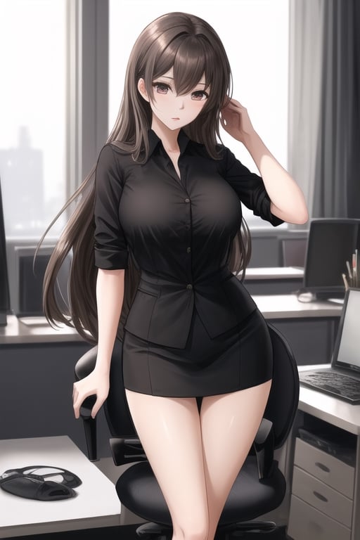 Create a waifu age 25 name stella, dark brown and grey long hair who embodies sensuality and beauty. Highlight her graceful features, flowing hair, and an outfit that show she is at work in office, 16k resolution, by desmond wong