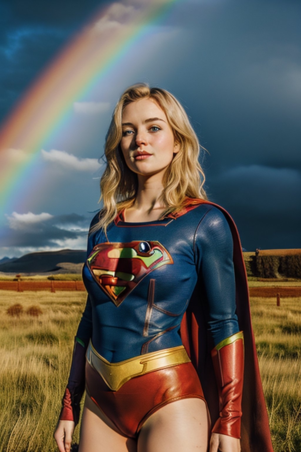 20 year old irish girl blonde_hair, supergirl wear
,colorful_girl_v2,rainbowsky_background