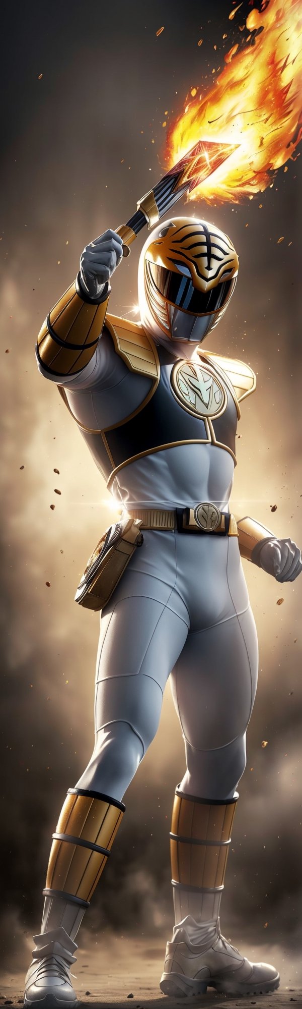 ((masterpiece, best quality)), power ranger, power ranger suit, full body, cold explosion, mix of fantastic and realistic elements, uhd image, vibrant illustrations, hdr, ultra hd, 4k,White_Ranger