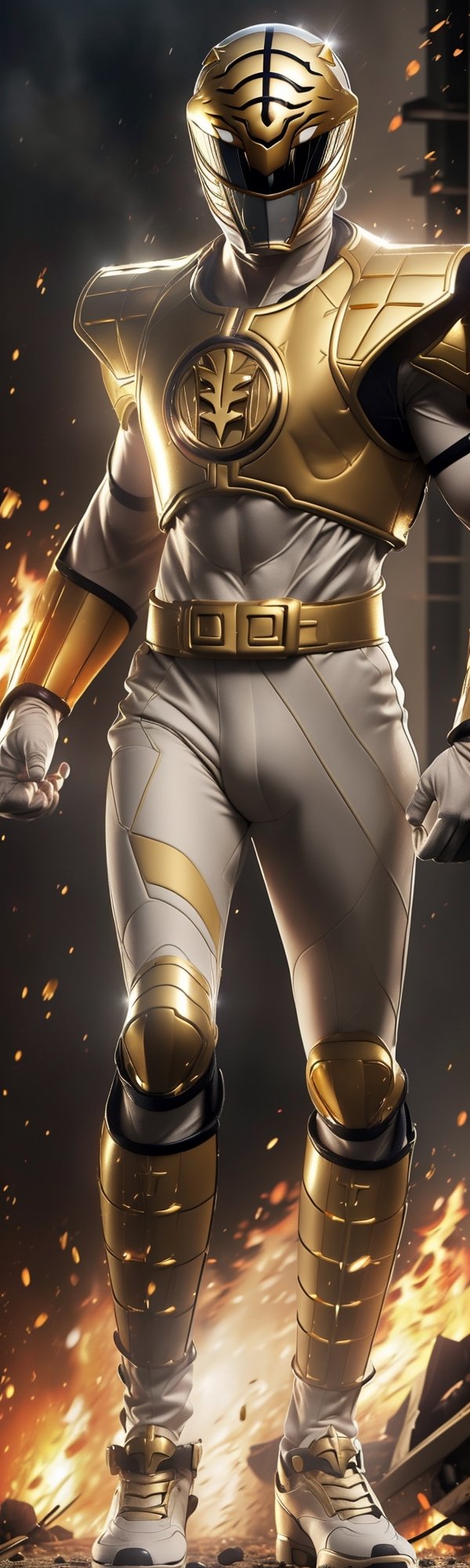 ((masterpiece, best quality)), zeo gold ranger, zeo gold ranger suit, full body, fire explosion, mix of fantastic and realistic elements, uhd image, vibrant illustrations, hdr, ultra hd, 4k,zeo_gold_ranger