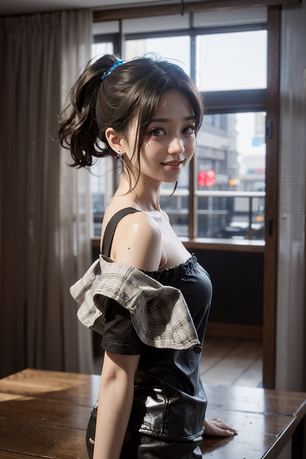 8K resolution, masterpiece, best quality, realistic,cinematic lighting, extremely detailed,korea idol style,19age,short high_ponytail girl with black hair,smile realistic aroused_face,browneyes, off-shoulder_shirt, in a realistic setting,body shot, with a realistic background, 3Dcinematic, Multiple_earrings,pose,ninjascroll,kawacy,no_humans,interior, 