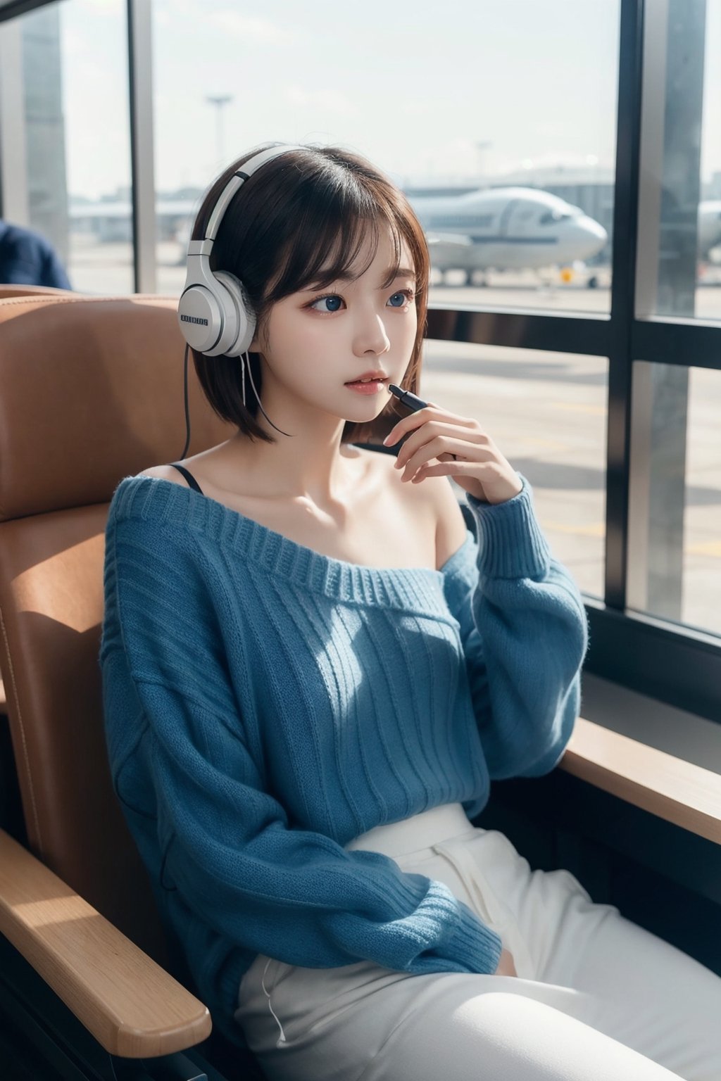 8K Cinema Reality, High resolution, high quality, A girl sitting in an airport chair listening to music with her small earphones on, open shoulder Wearing a sweater, Korean style, Shy expression, Full-body shot, small natural finger, short hair, blue_eyes