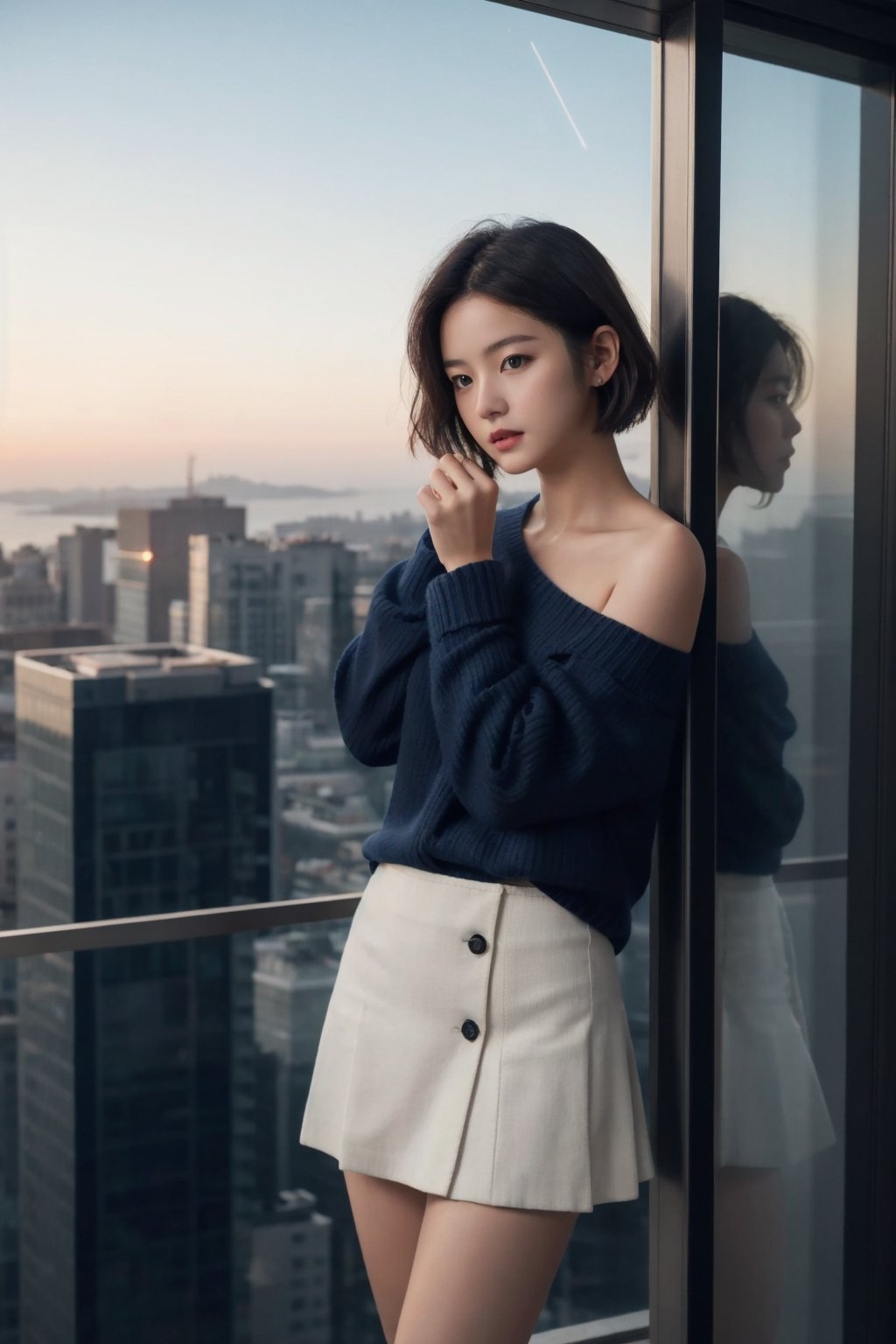 8K Cinema Reality, High resolution, high quality, A girl looking down at the city from a tall building on a dark night, Korean idol style, Full-body shot, small hands, a little pretty hands, small natural five little finger, short hair up, see blue_eyes, red color sweater with a Open shoulder, mini skirt, bright white skin,