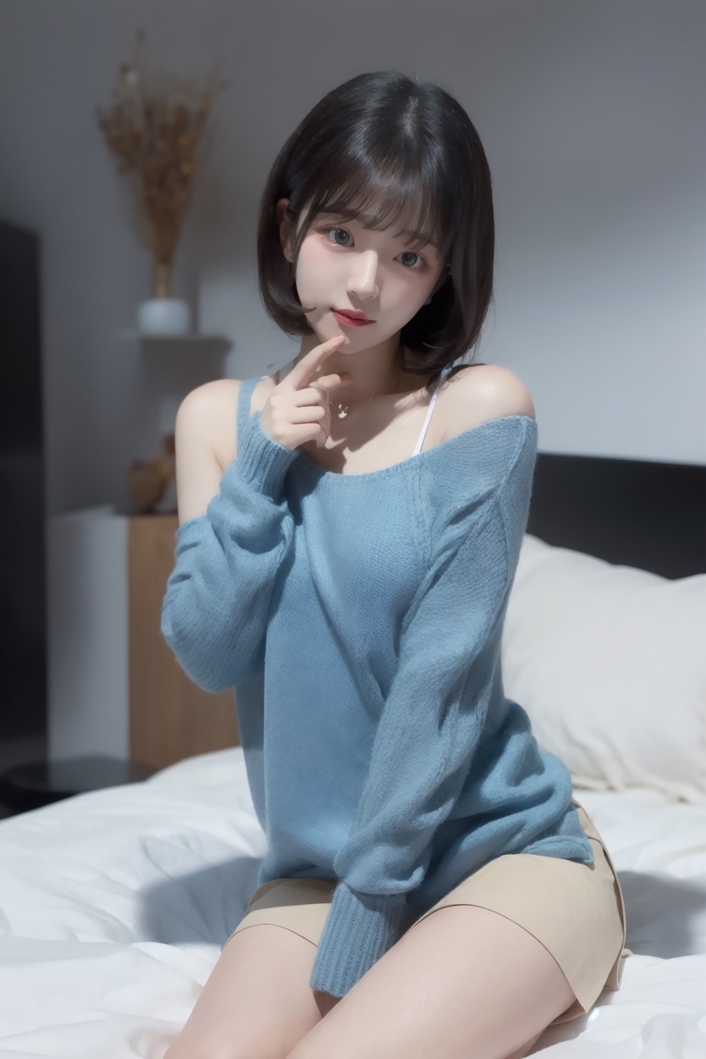 8k 3d  Reality, (best quality), (masterpiece), (korean pretty girl), a girl lying in bed, making humorous gestures, real face, a natural facial expression, clean and white skin, see blue eyes, a small natural finger, thin, small, and pretty hands, open shoulder Sweater shirt, micro short Skirt, tied short brown hair, Reality 3d background, ,zzenny_n,1 girl,hold_up_legs,nightgown
