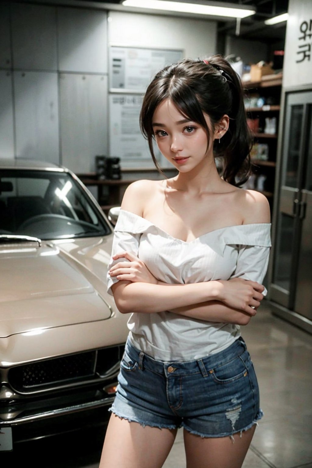 8K resolution, masterpiece, best quality, realistic,cinematic lighting, extremely detailed,korea idol style, school girl, short high_ponytail girl with black hair, smile realistic face, browneyes, off-shoulder_shirt, short_shorts, in a realistic setting,body shot, with a convenience_store realistic background, 3Dcinematic, Multiple_earrings,pose,ninjascroll,kawacy,no_humans,interior, ,isometric,Traditional Media,car on shit