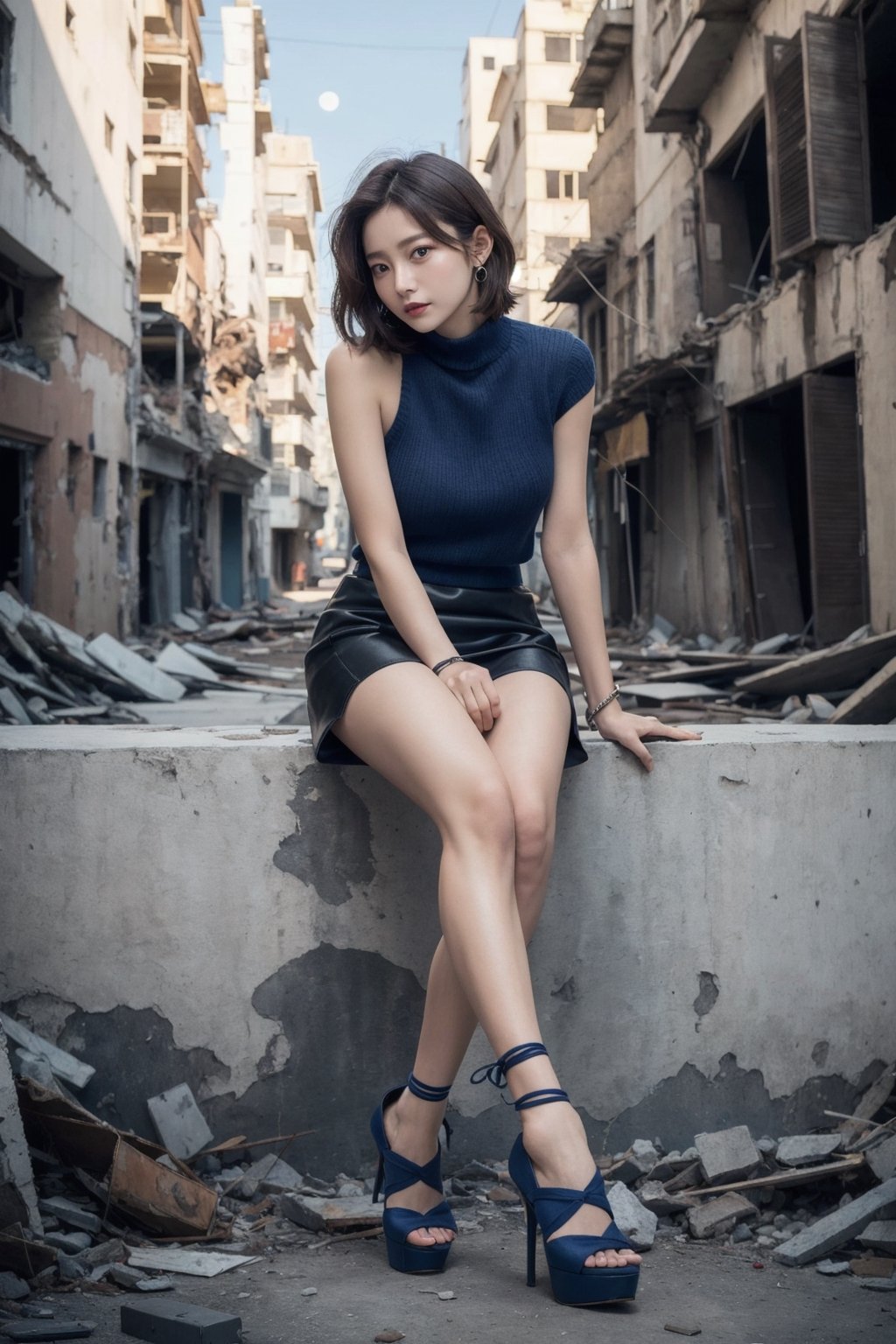 8K Cinema Reality, High resolution, high quality, A girl sitting in old, broken clothes in a ruined city where the big moon shines, open shoulder Wearing a short-sleeved color knitwear, Skirt, High heels, Korean style, Shy expression, Full-body shot, small hands, small natural five finger, tied hair style, blue_eyes