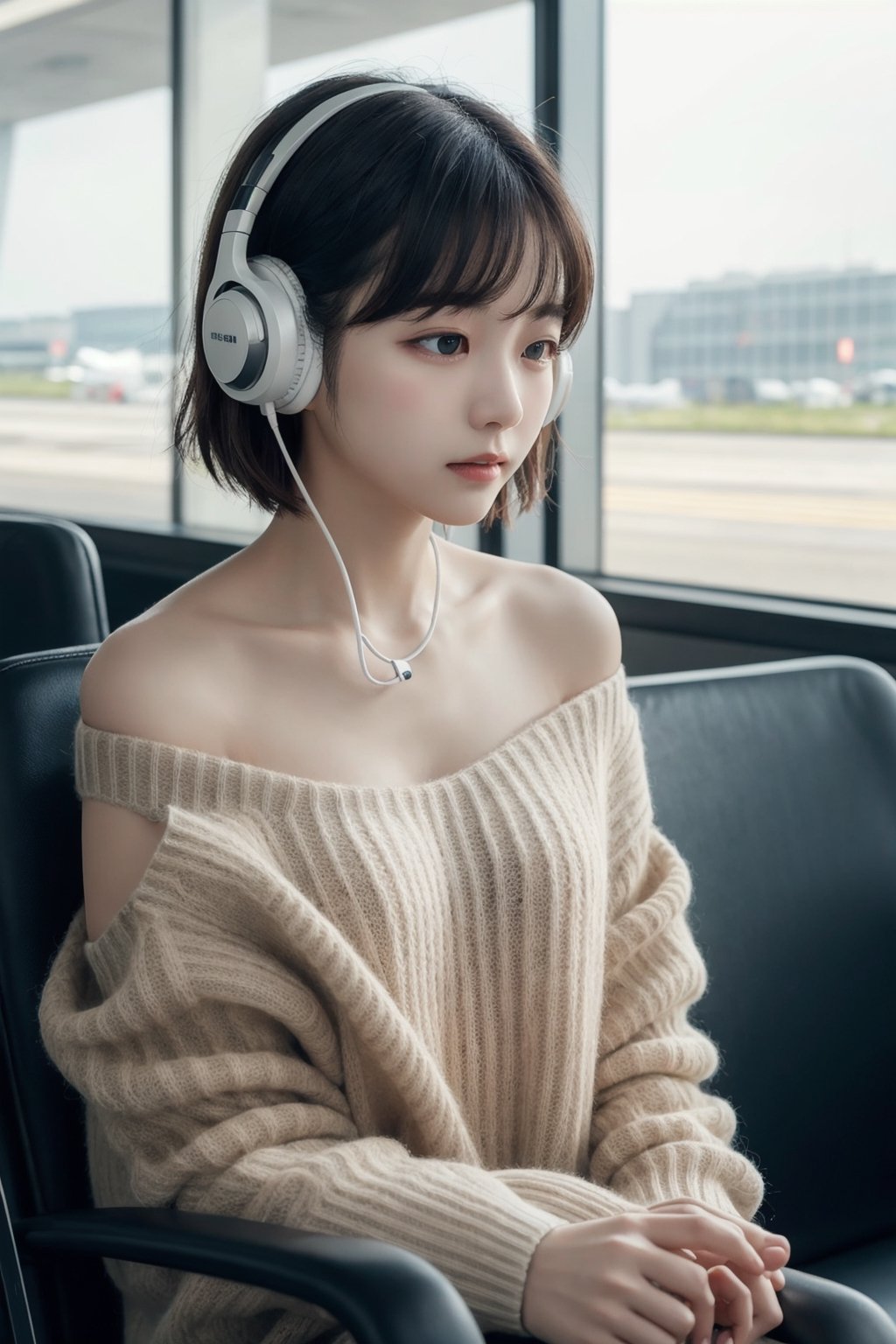 8K Cinema Reality, High resolution, high quality, A girl sitting in an airport chair listening to music with her small earphones on, open shoulder Wearing a sweater, Korean style, Shy expression, Full-body shot, small natural finger, short hair, 