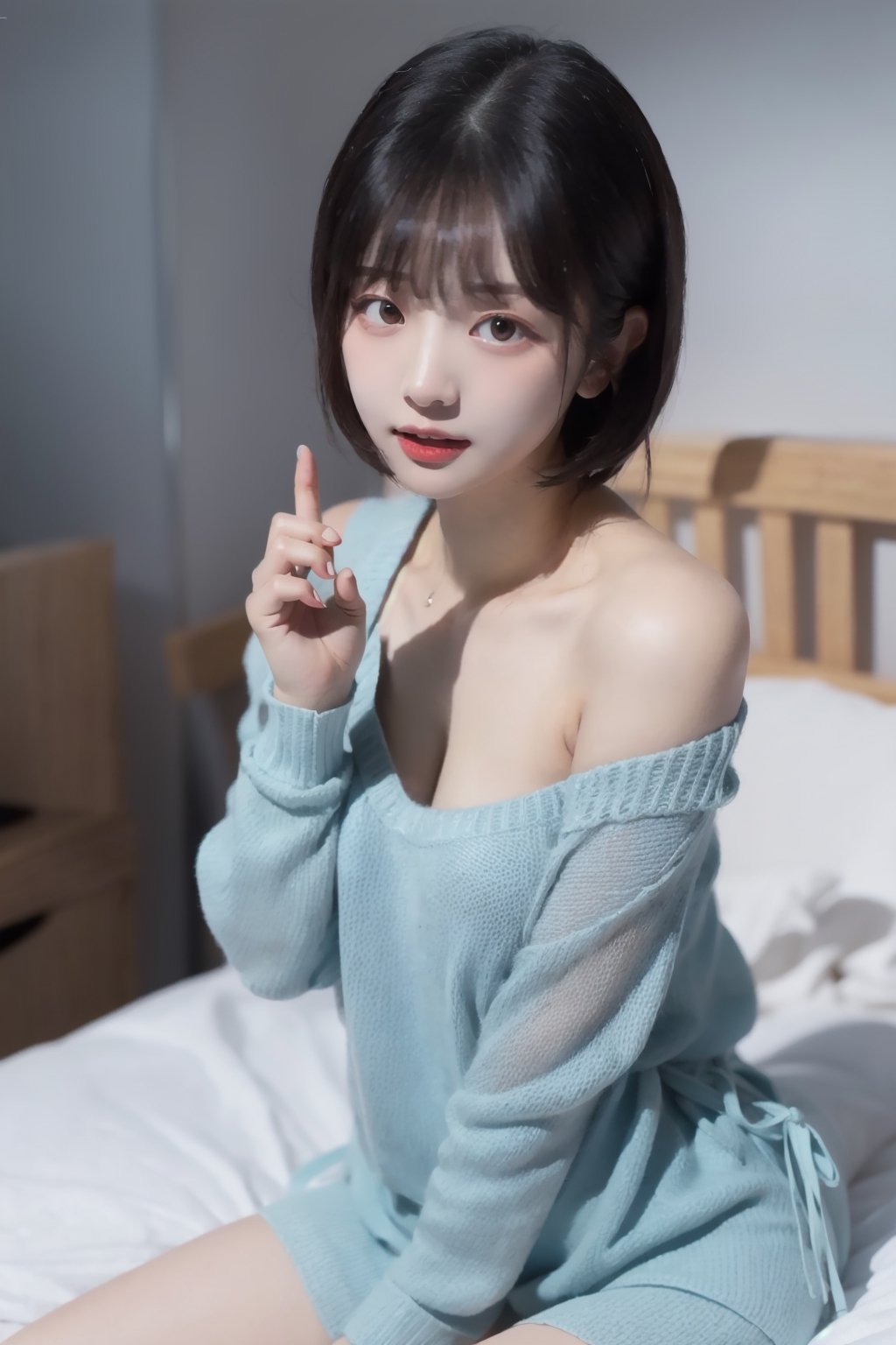 8k 3d  Reality, (best quality), (masterpiece), (korean pretty girl), a girl lying in bed, making humorous gestures, real face, a natural facial expression, clean and white skin, see blue eyes, a small natural finger, thin, small, and pretty hands, open shoulder Sweater shirt, micro short Skirt, tied short brown hair, Reality 3d background, ,zzenny_n,1 girl,hold_up_legs,nightgown