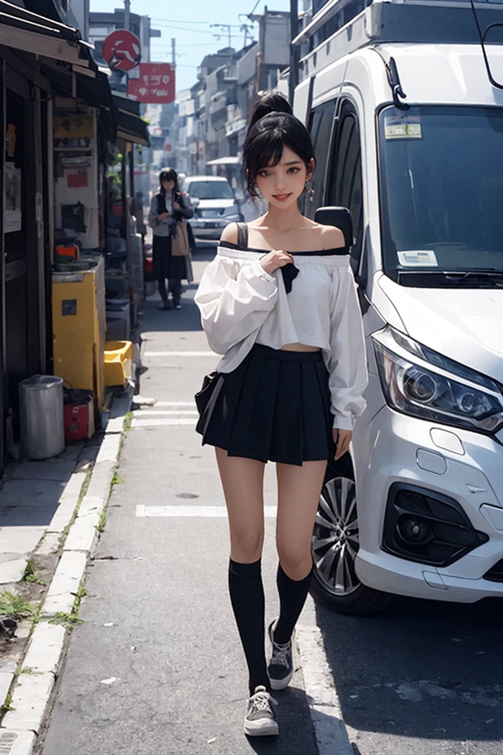 8K resolution, masterpiece, best quality, realistic,cinematic lighting, extremely detailed,korea idol style, school girl, ponytail girl with black hair, smile realistic face, browneyes, off-shoulder_shirt, short_shorts, in a realistic setting,body shot, with a convenience_store realistic background, 3Dcinematic, Multiple_earrings,pose,ninjascroll,kawacy,no_humans,interior, ,isometric,Traditional Media,car on shit,bchiron,natural fingers,Food Truck