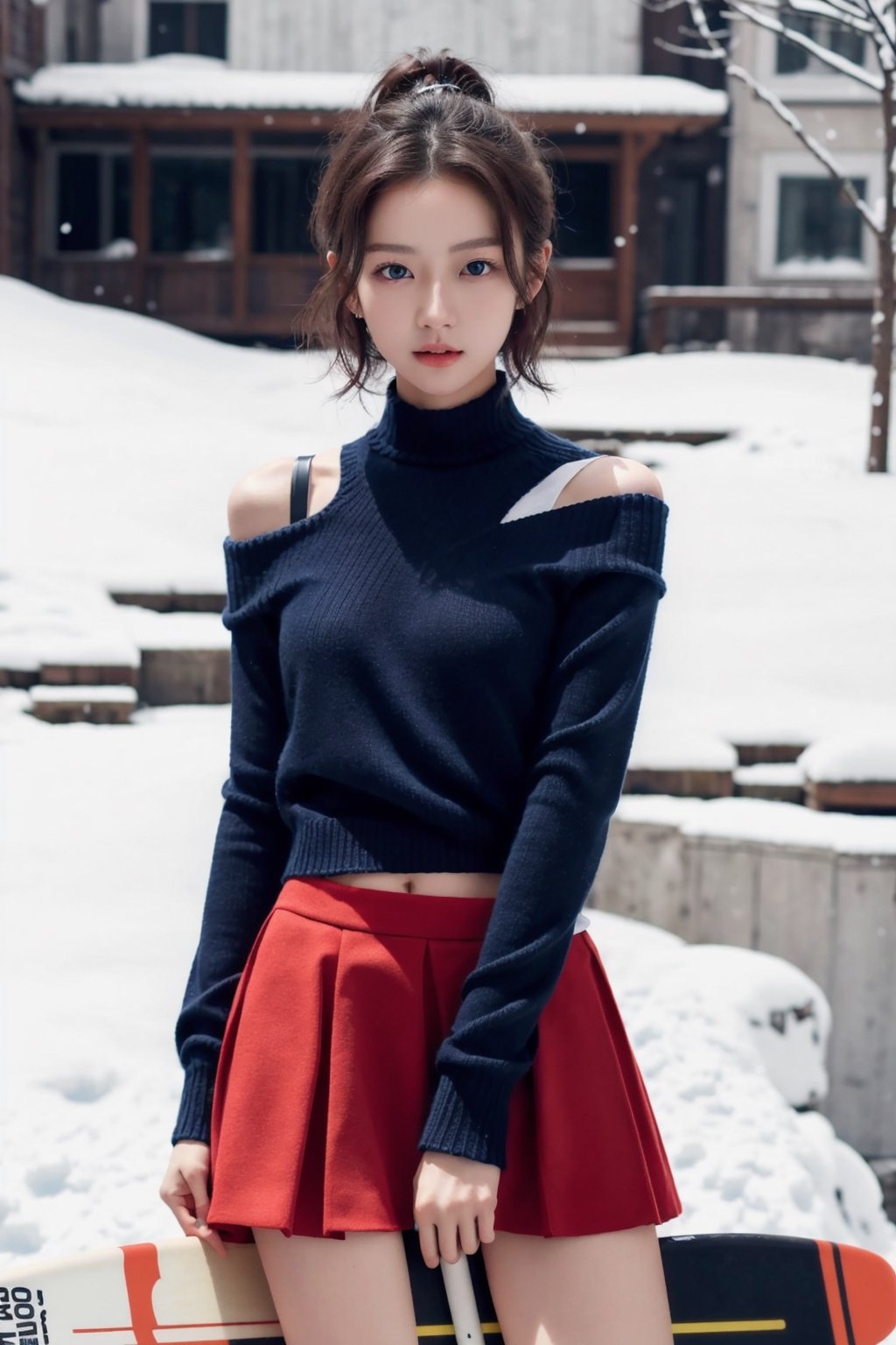 8K Cinema Reality, High resolution, high quality, a girl riding a qickboard on a snowy day, Korean idol style, Full-body shot, small hands, a little pretty hands, small natural five little finger, short hair up, see blue_eyes, red color sweater with a Open shoulder, mini skirt, bright white skin,