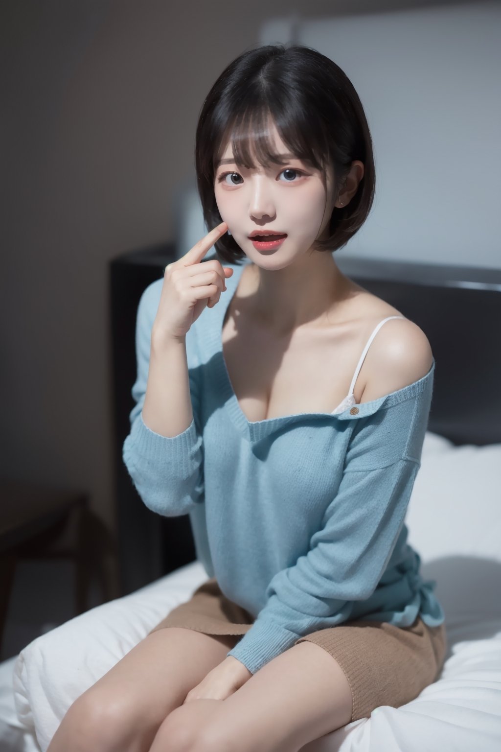 8k 3d  Reality, (best quality), (masterpiece), (korean pretty girl), a girl lying in bed, making humorous gestures, real face, a natural facial expression, clean and white skin, see blue eyes, a small natural finger, thin, small, and pretty hands, open shoulder Sweater shirt, micro short Skirt, tied short brown hair, Reality 3d background, ,zzenny_n,1 girl,hold_up_legs,nightgown