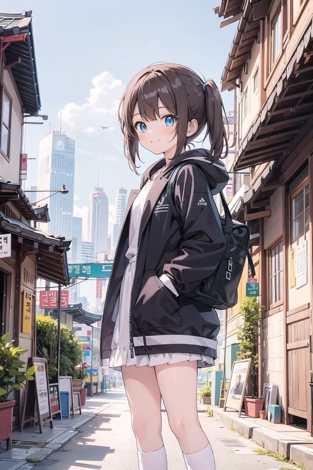 seoul detailed background, 8k 3d  realitic cute face, scenery, 1girl, smile, brown hair, quad_tails, blue aqua eyes,  long realitic reg.