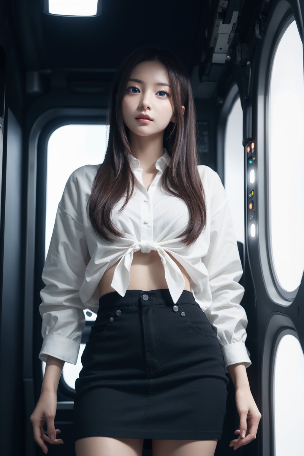 8K Cinema Reality, High resolution, high quality, A girl looking at her phone in a spaceship, Korean style, Full-body shot, small hands, small natural five finger, tied hair style, blue_eyes