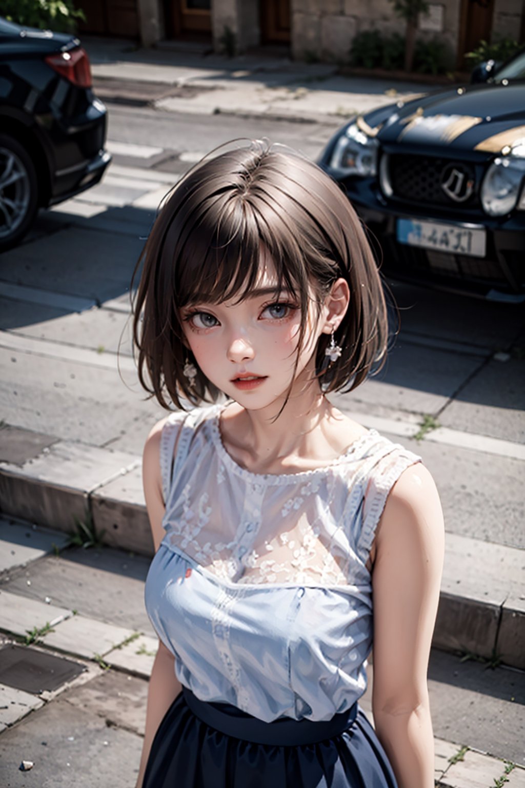  8k,masterpiece,best quality,short-haired girl with brown hair, realistic face,city scape, sweater_dress,aroused_face,8K resolution, in a realistic setting,body shot, with a realistic background, 3Dcinematic,chillout mix,lighting,browneyes,Multiple_earrings,