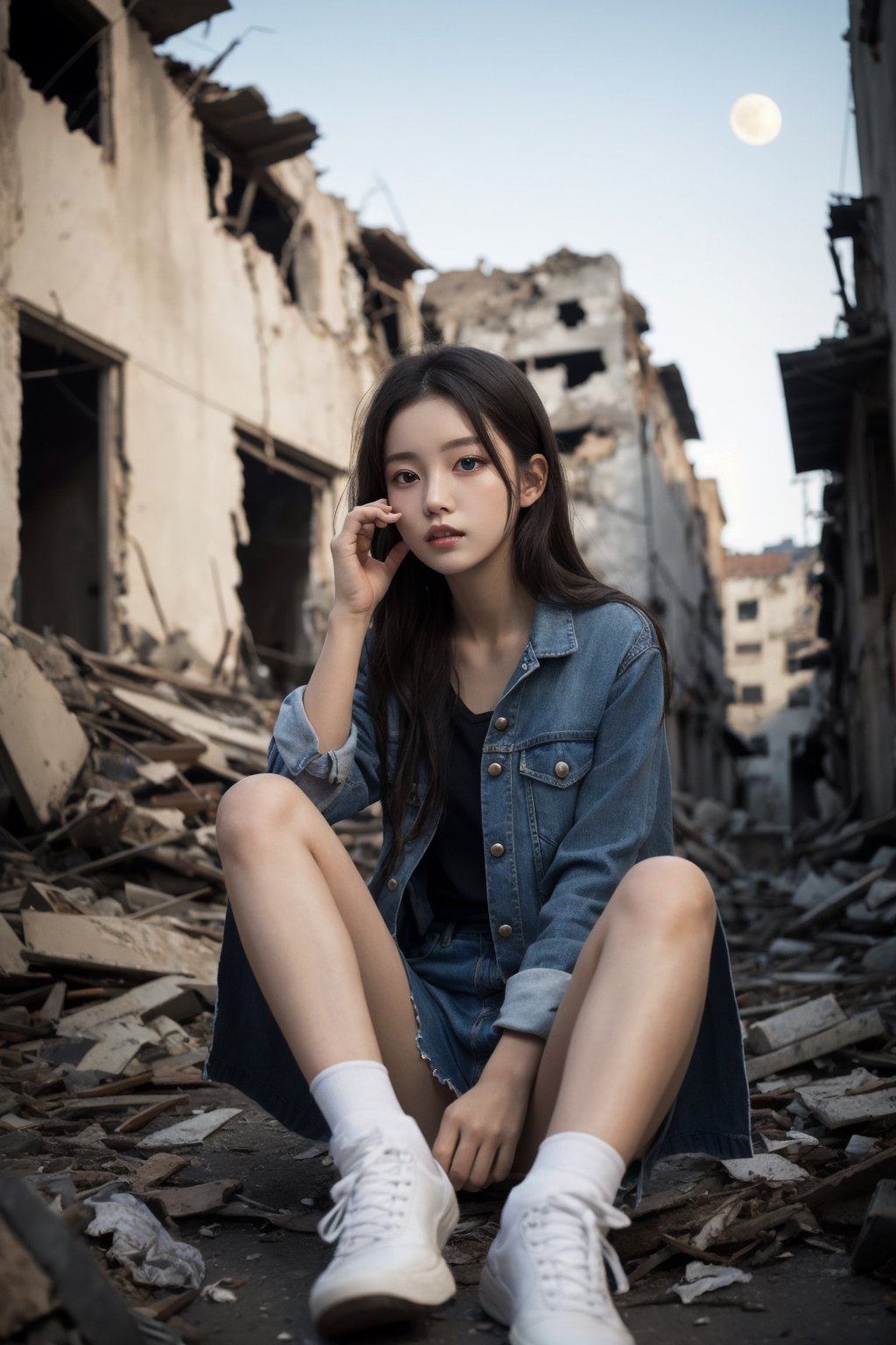8K Cinema Reality, High resolution, high quality, A girl sitting in old, broken clothes in a ruined city where the big moon shines, Korean style, Full-body shot, small hands, small natural five finger, tied hair style, blue_eyes