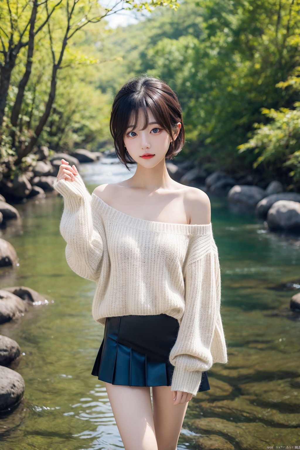 8K resolution, 3d, masterpiece, best quality, Cinema Reality, High resolution, high quality, a girl with her feet in the stream, short skirt, open shoulder Wearing a sweater, Skirt, hiheal, Korean style, Shy expression, Full-body shot, small natural finger, disheveled short hair style, blue_eyes, korea idol style, cute face