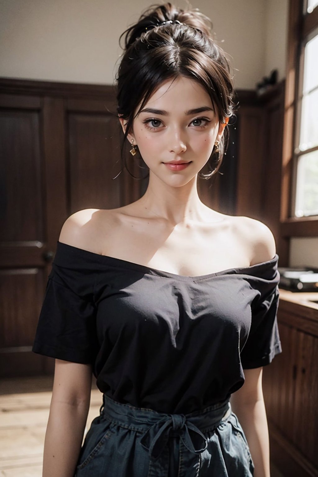 8K resolution, masterpiece, best quality, realistic,cinematic lighting, extremely detailed,korea idol style,19age,short high_ponytail girl with black hair,smile realistic face,browneyes, red color off-shoulder_shirt, in a realistic setting,body shot, with a realistic background, 3Dcinematic, Multiple_earrings,pose,ninjascroll,kawacy,no_humans,interior, ,isometric,Traditional Media