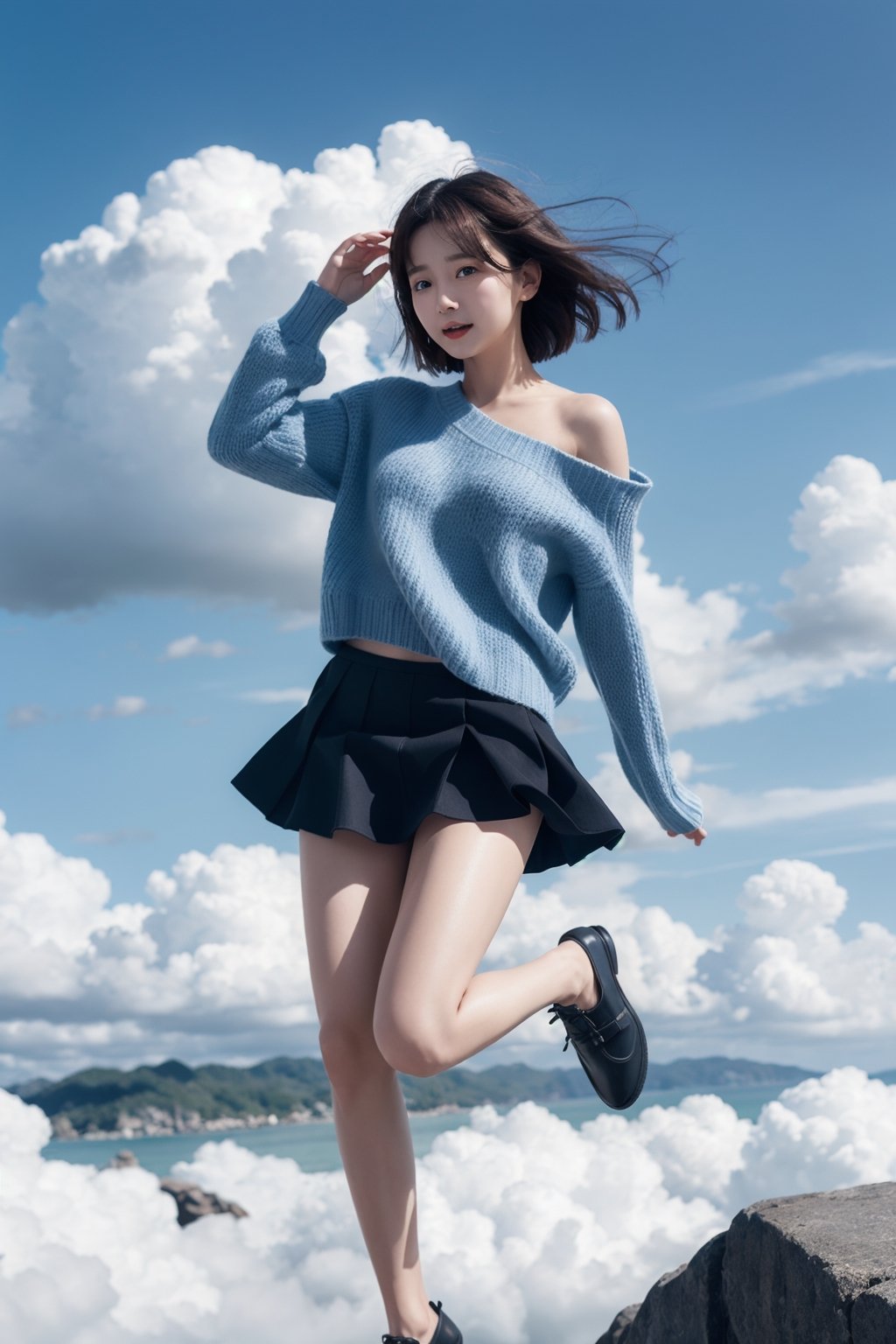 8K Cinema Reality, High resolution, high quality, A girl flying on clouds, open shoulder Wearing a sweater, Skirt, hiheal, Korean style, Shy expression, Full-body shot, small natural finger, disheveled short hair style, blue_eyes