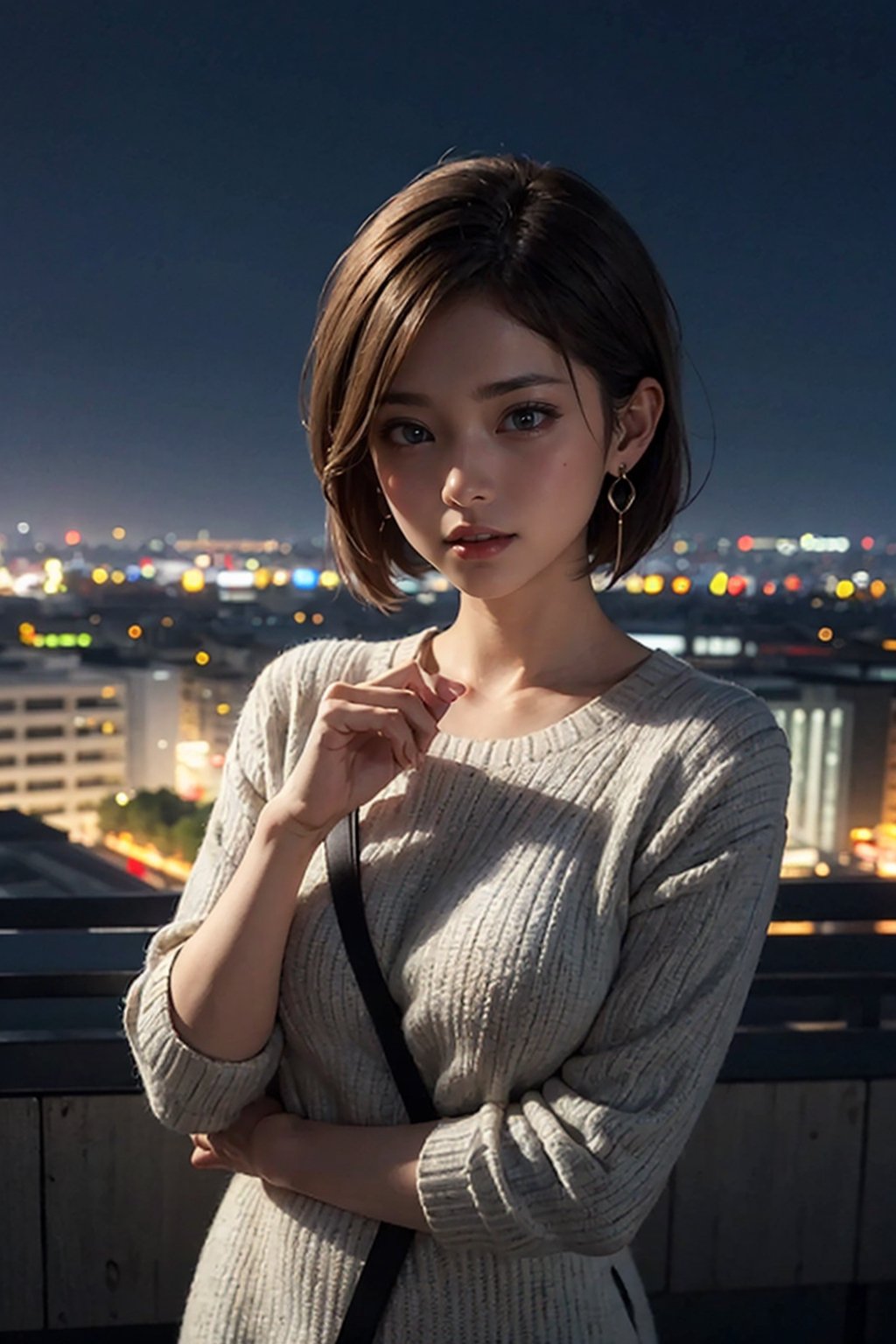 8k, masterpiece, best quality, realistic, sharp focus, cinematic lighting, extremely detailed,short-haired girl with brown hair, realistic face,city scape, sweater_dress,aroused_face,8K resolution, in a realistic setting,body shot, with a realistic background, 3Dcinematic,chillout.mix,a very bright light,browneyes,Multiple_earrings,long hair,hydrotech,modernvilla,eager pet pose,ninjascroll,kawacy,no_humans,night_view_background,interior,yofukashi background,city