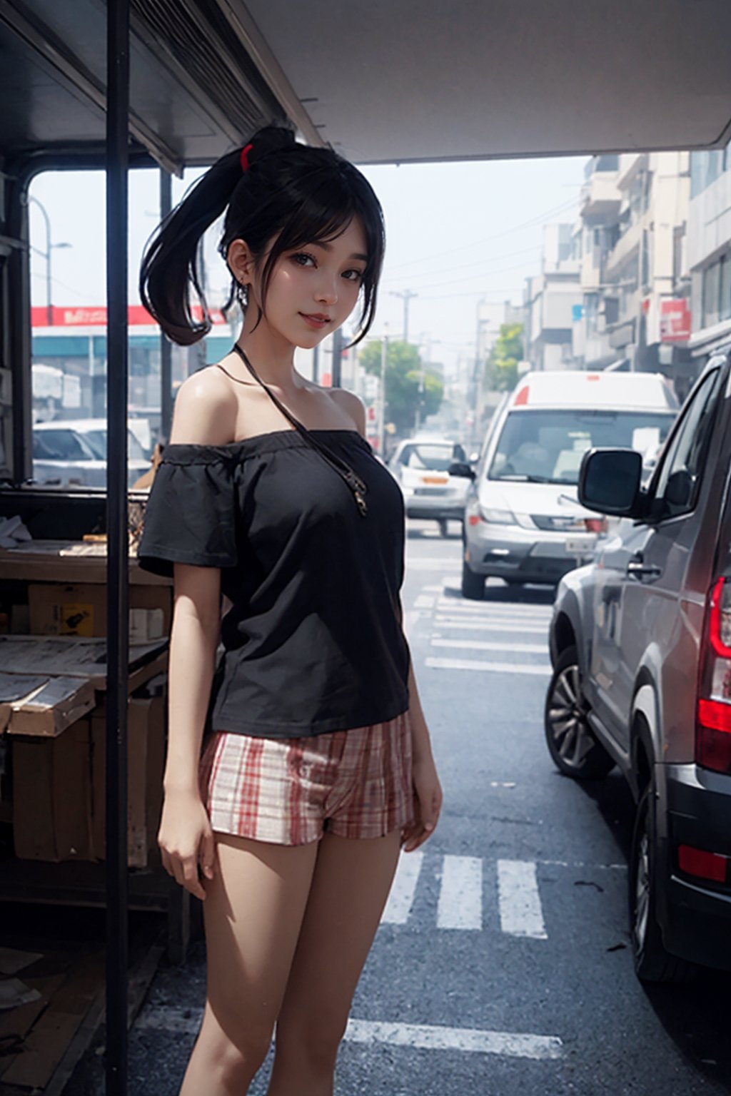 8K resolution, masterpiece, best quality, realistic,cinematic lighting, extremely detailed,korea idol style, school girl, ponytail girl with black hair, smile realistic face, browneyes, off-shoulder_shirt, short_shorts, in a realistic setting,body shot, with a convenience_store realistic background, 3Dcinematic, Multiple_earrings,pose,ninjascroll,kawacy,no_humans,interior, ,isometric,Traditional Media,car on shit,bchiron,natural fingers,Food Truck