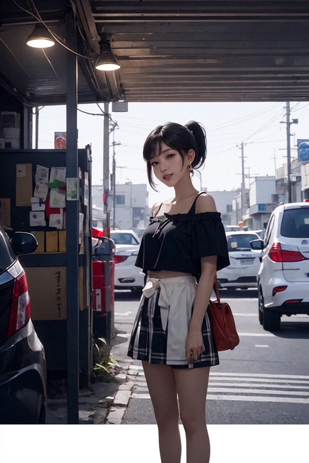 8K resolution, masterpiece, best quality, realistic,cinematic lighting, extremely detailed,korea idol style, school girl, ponytail girl with black hair, smile realistic face, browneyes, off-shoulder_shirt, short_shorts, in a realistic setting,body shot, with a convenience_store realistic background, 3Dcinematic, Multiple_earrings,pose,ninjascroll,kawacy,no_humans,interior, ,isometric,Traditional Media,car on shit,bchiron,natural fingers,Food Truck