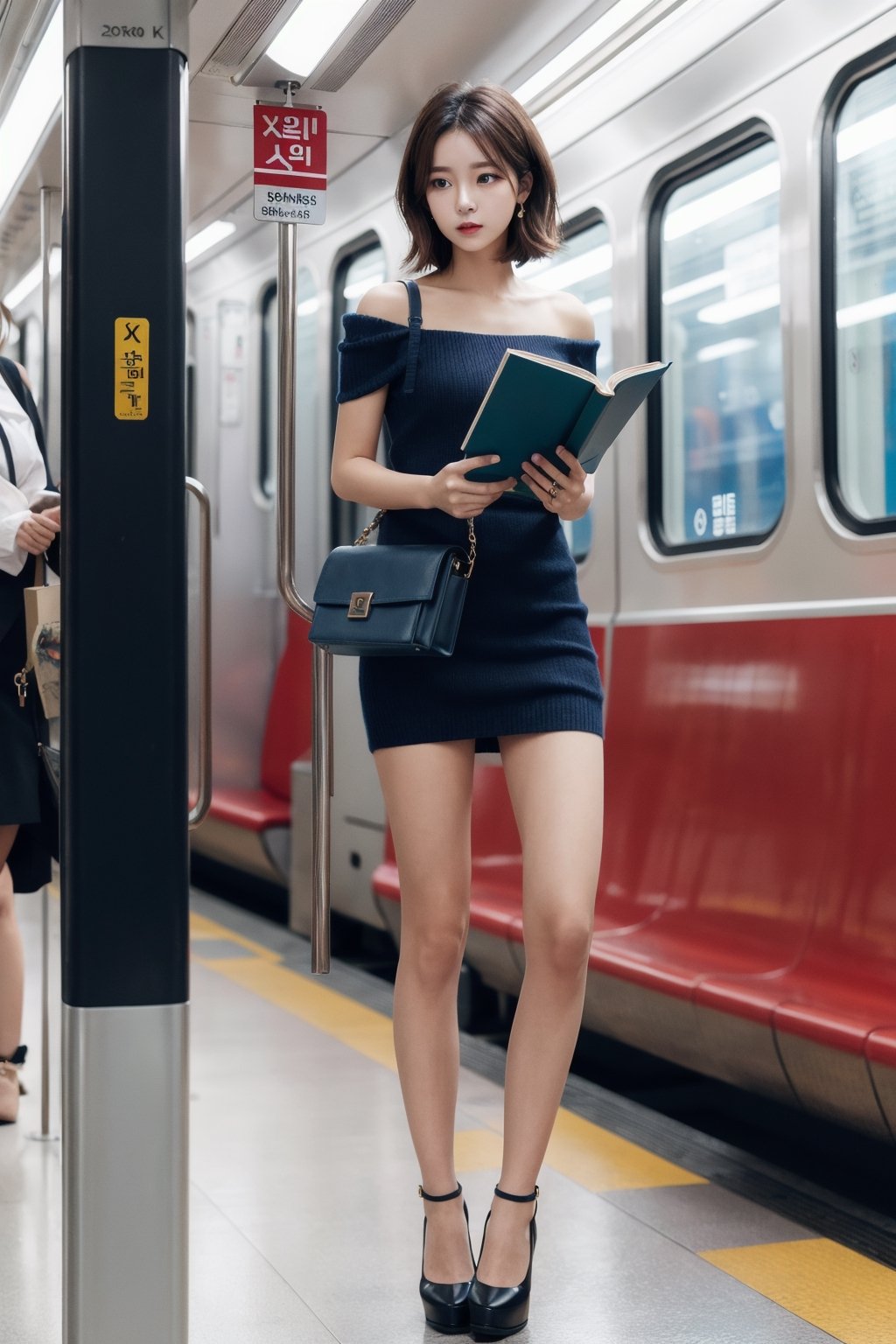 8K Cinema Reality, High resolution, high quality, A girl reading a book on the subway in a short skirt, open shoulder Wearing a short-sleeved color knitwear, Skirt, High heels, Korean style, Shy expression, Full-body shot, a small natural five finger, tied hair style, blue_eyes
