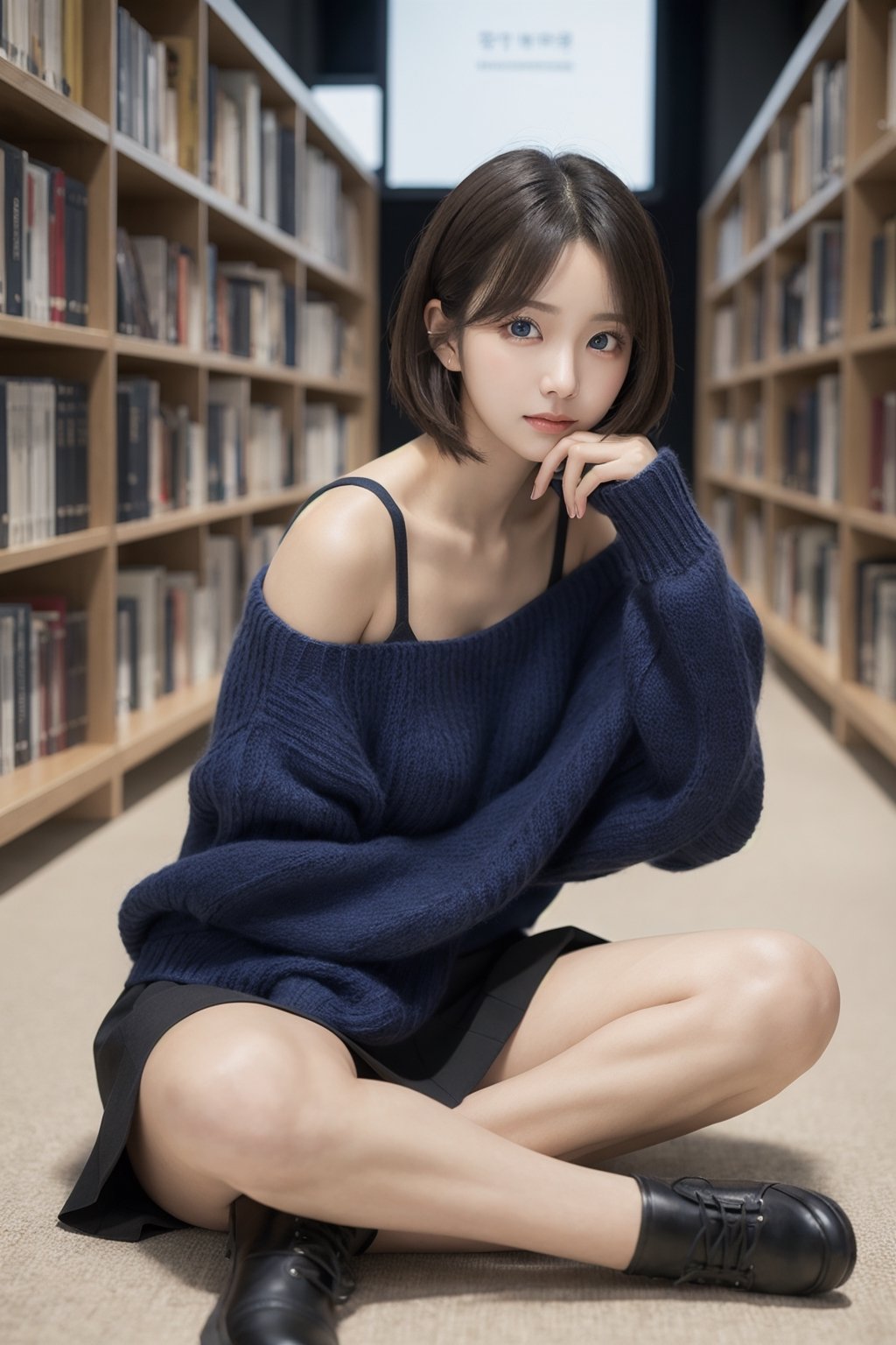 8K Cinema Reality, High resolution, high quality, A A girl sitting on the library floor reading a book, open shoulder Wearing a sweater, Skirt, Korean style, Shy expression, Full-body shot, small natural finger, v-cut hair, blue_eyes