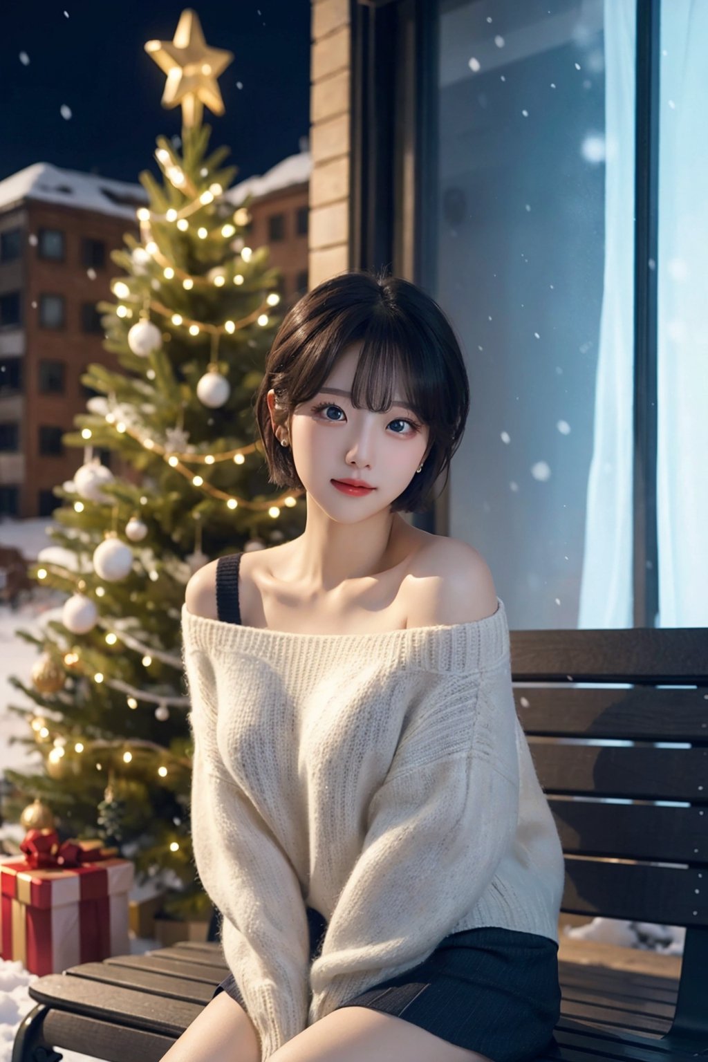 8K resolution, 3d, masterpiece, best quality, Cinema Reality, High resolution, high quality, Snowy City, Girl Sitting Christmas Tree on Bench in Front of Building, short skirt, open shoulder Wearing a sweater, Skirt, Shy expression, Full-body shot, small natural finger, disheveled short hair style, blue_eyes, korea idol style, cute face