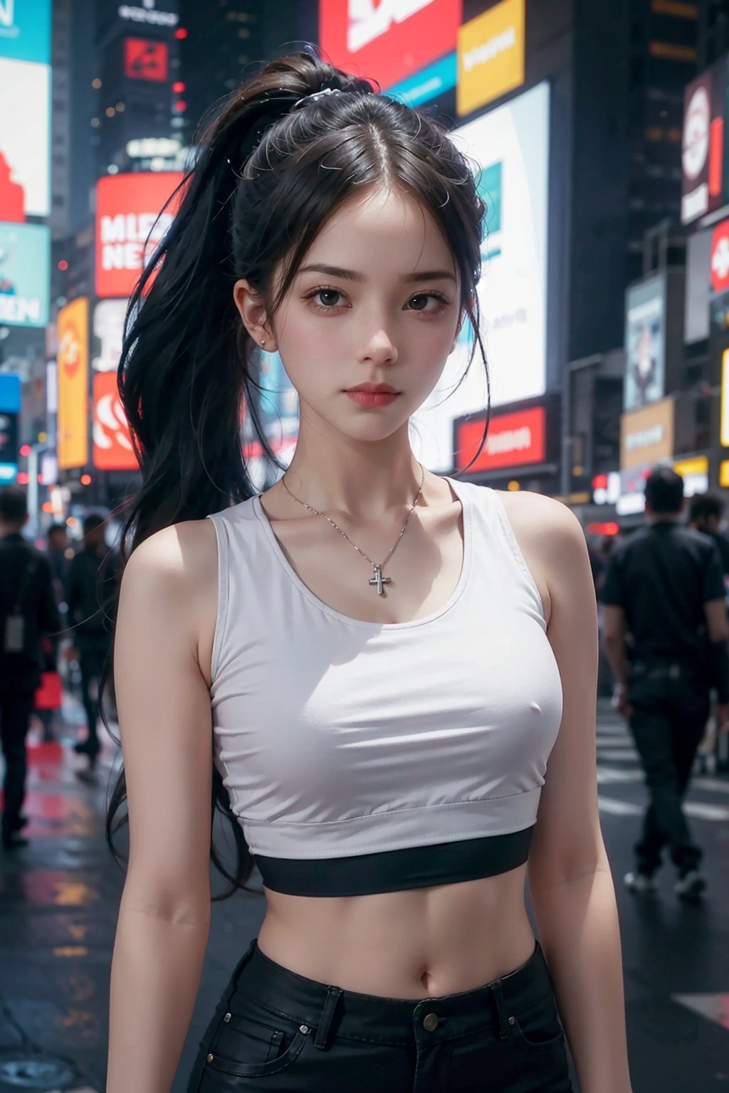 8k 3d  realitic cuty face xxmixgirl,1 female detailed face time square detailed background cyberpunk shadow dramatic lighting by Bill Sienkiewicz ( SimplepositiveXLv1:0.7). crop_top.all. front_ponytail. body.sleeveless_shirt.pelvic_curtain.watson_cross

