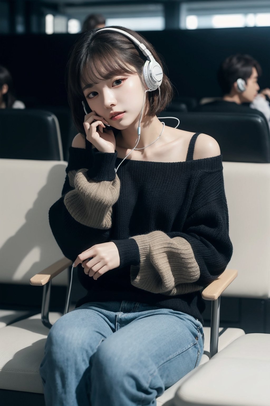 8K Cinema Reality, High resolution, high quality, A girl sitting in an airport chair listening to music with her small earphones on, open shoulder Wearing a sweater, Korean style, Shy expression, Full-body shot, small natural finger, short hair, 