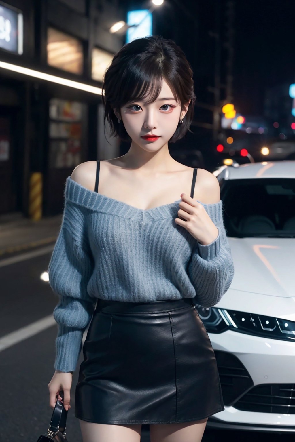 8K resolution, 3d, masterpiece, best quality, Cinema Reality, High resolution, high quality, The girl standing next to Batman's car in Gotham City, short skirt, open shoulder Wearing a sweater, Skirt, hiheal, Korean style, Shy expression, Full-body shot, small natural finger, disheveled short hair style, blue_eyes, korea idol style, cute face