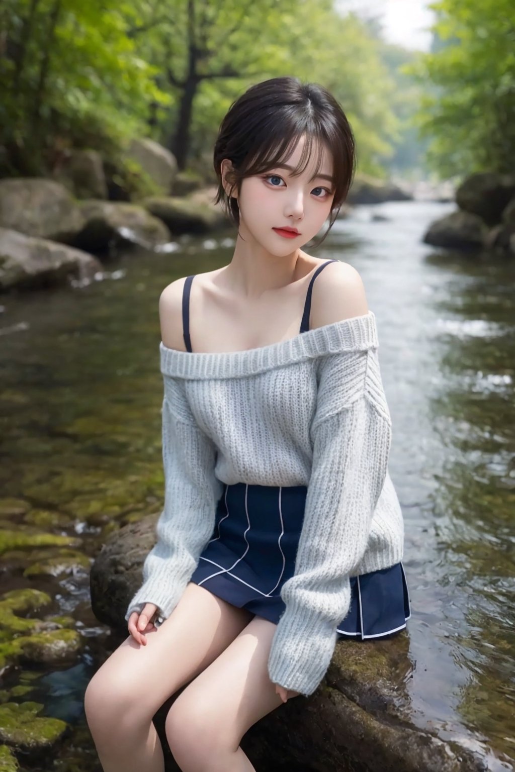 8K resolution, 3d, masterpiece, best quality, Cinema Reality, High resolution, high quality, a girl with her feet in the stream, short skirt, open shoulder Wearing a sweater, Skirt, hiheal, Korean style, Shy expression, Full-body shot, small natural finger, disheveled short hair style, blue_eyes, korea idol style, cute face