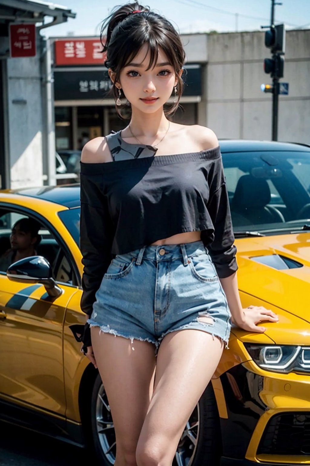 8K resolution, masterpiece, best quality, realistic,cinematic lighting, extremely detailed,korea idol style, school girl, ponytail girl with black hair, smile realistic face, browneyes, off-shoulder_shirt, short_shorts, in a realistic setting,body shot, with a convenience_store realistic background, 3Dcinematic, Multiple_earrings,pose,ninjascroll,kawacy,no_humans,interior, ,isometric,Traditional Media,car on shit,bchiron,natural fingers,Food Truck