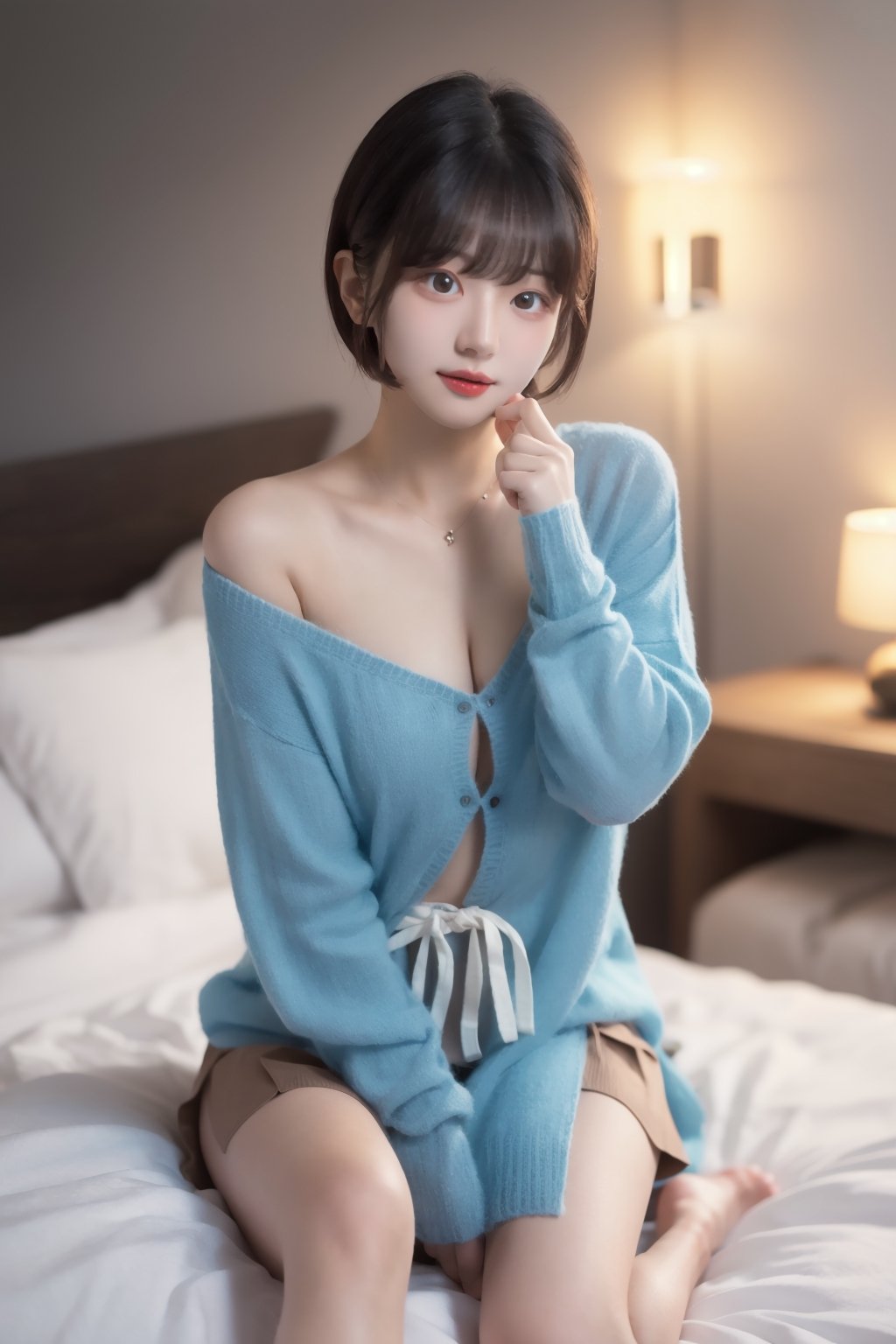 8k 3d  Reality, (best quality), (masterpiece), (korean pretty girl), a girl lying in bed, making humorous gestures, real face, a natural facial expression, clean and white skin, see blue eyes, a small natural finger, thin, small, and pretty hands, open shoulder Sweater shirt, micro short Skirt, tied short brown hair, Reality 3d background, ,zzenny_n,1 girl,hold_up_legs,nightgown