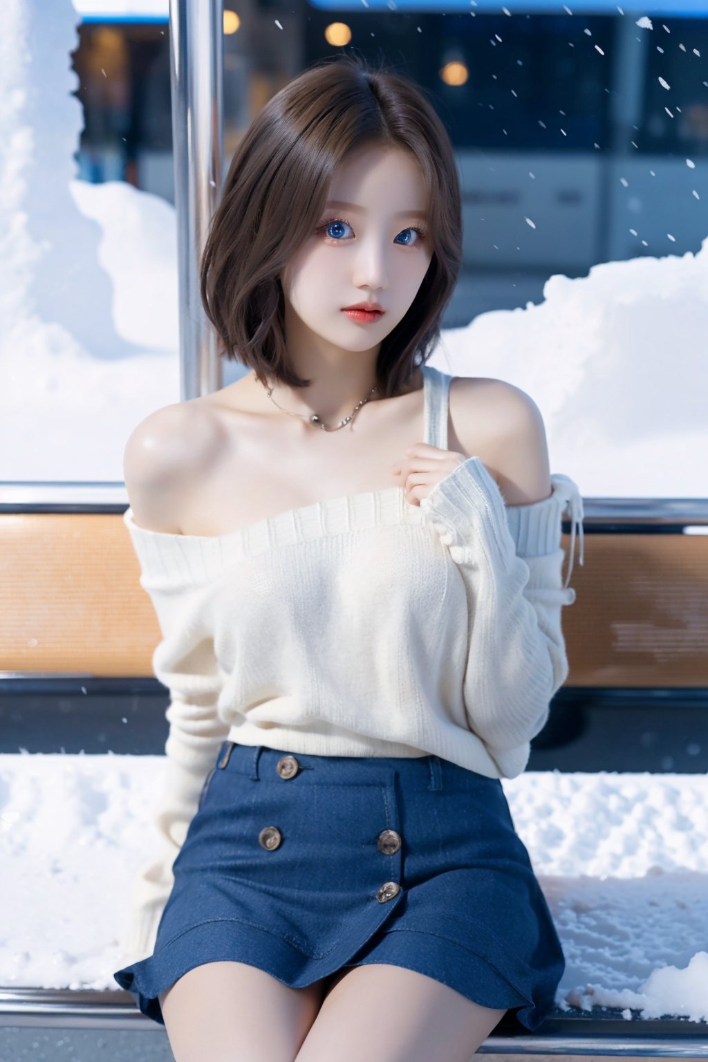 8k 3d Reality, (best quality), (masterpiece), (korean pretty girl),  scenery, A girl sitting at a bus stop with a lot of snow, a small natural finger, small hands, pretty hands, open shoulder Sweater shirt, micro short Skirt, tied short brown hair, Reality 3d background, blue eyes, long realitic reg, a super mini skirt, 