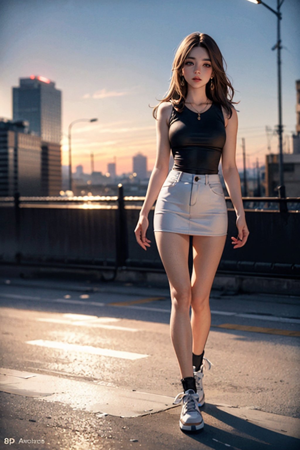  8k,masterpiece,best quality,long-haired girl with brown hair, 20 years old,realistic face,city scape, miniskirt, sleeveless_shirt,twisted_torso, in 8K resolution, in a realistic setting, full body shot, with a realistic background, cinematic lighting,browneyes,Multiple_earrings,high_tops