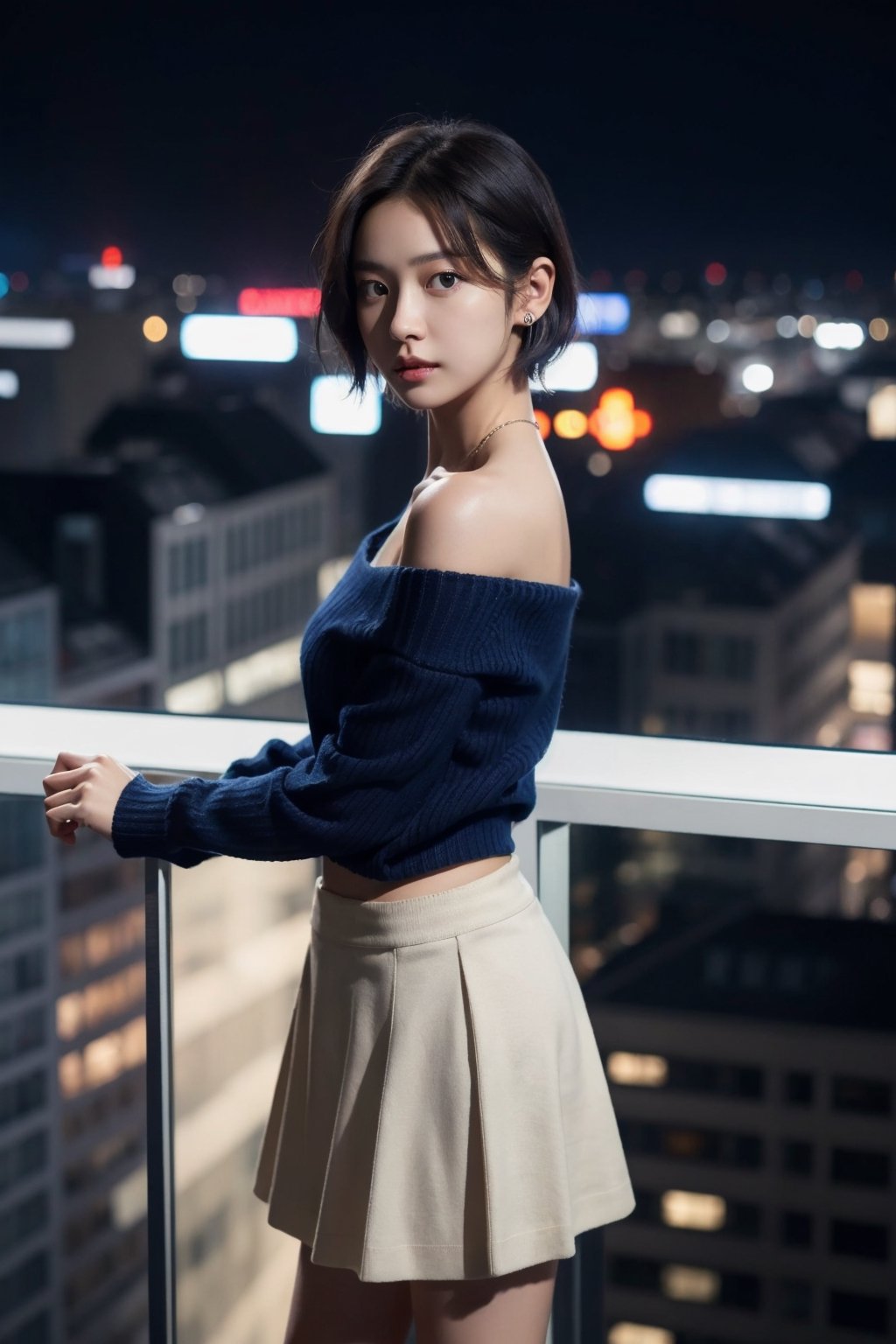 8K Cinema Reality, High resolution, high quality, A girl looking down at the city from a tall building on a dark night, Korean idol style, Full-body shot, small hands, a little pretty hands, small natural five little finger, short hair up, see blue_eyes, red color sweater with a Open shoulder, mini skirt, bright white skin,