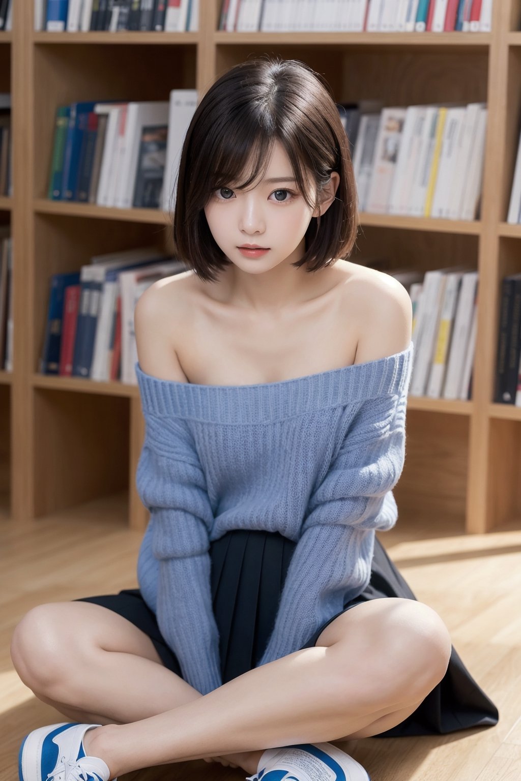 8K Cinema Reality, High resolution, high quality, A A girl sitting on the library floor reading a book, open shoulder Wearing a sweater, Skirt, Korean style, Shy expression, Full-body shot, small natural finger, disheveled short hair style, blue_eyes
