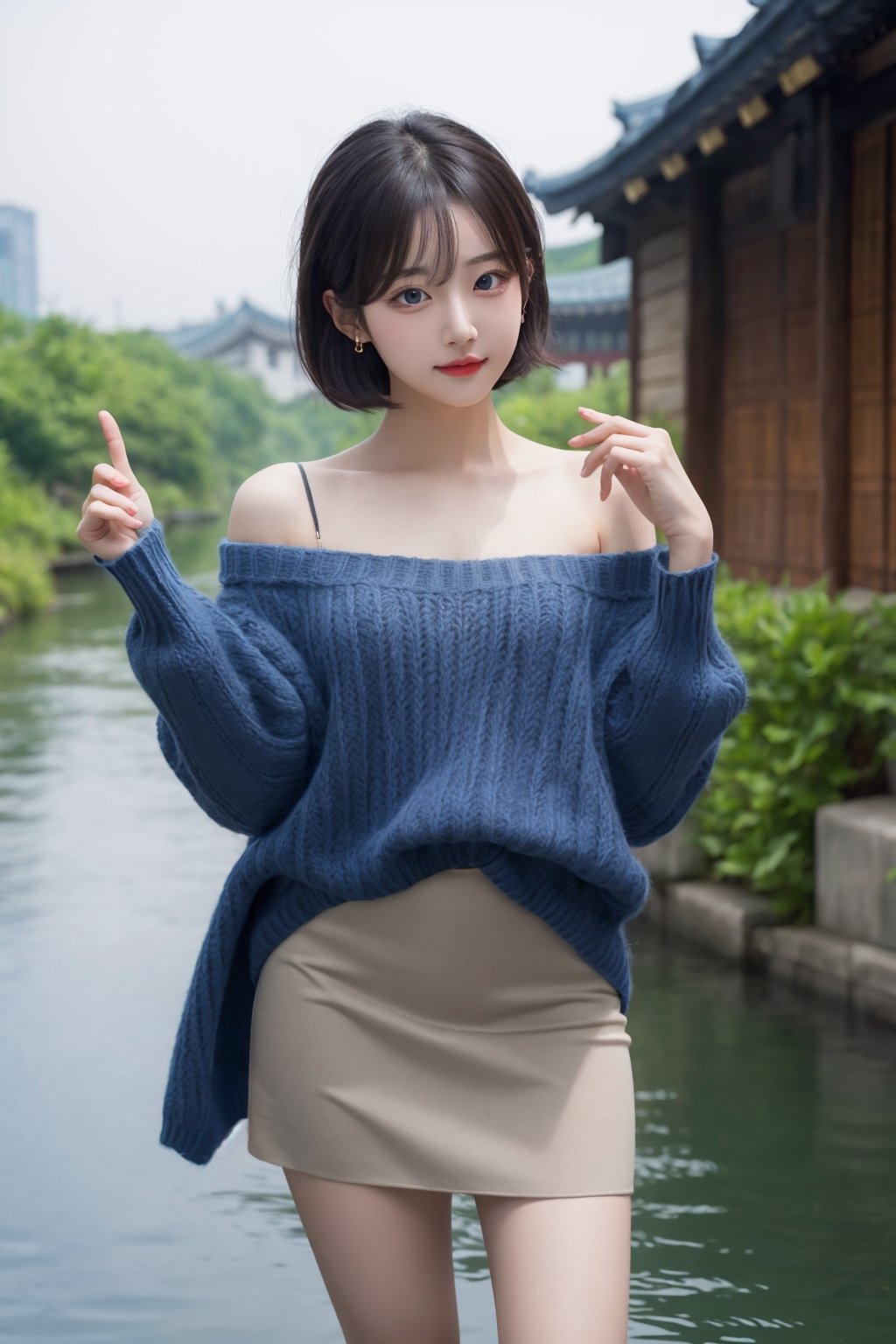 8K resolution, 3d, masterpiece, best quality, Cinema Reality, High resolution, high quality, a girl with her feet in the stream, short skirt, open shoulder Wearing a sweater, Skirt, hiheal, Korean style, Shy expression, Full-body shot, small natural finger, disheveled short hair style, blue_eyes, korea idol style, cute face