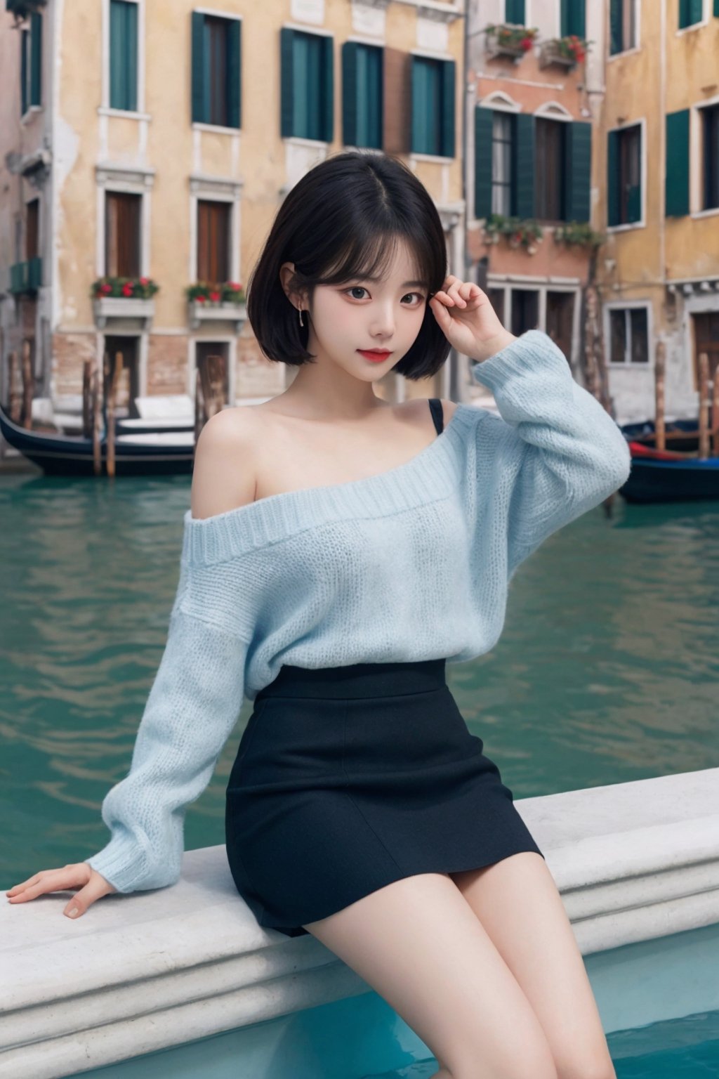 8K resolution, 3d, masterpiece, best quality, Cinema Reality, High resolution, high quality, A girl sitting in a fountain in the city, short skirt, open shoulder Wearing a sweater, Skirt, a girl on a boat in Venice, Korean style, Shy expression, Full-body shot, small natural finger, disheveled short hair style, blue_eyes, korea idol style, cute face